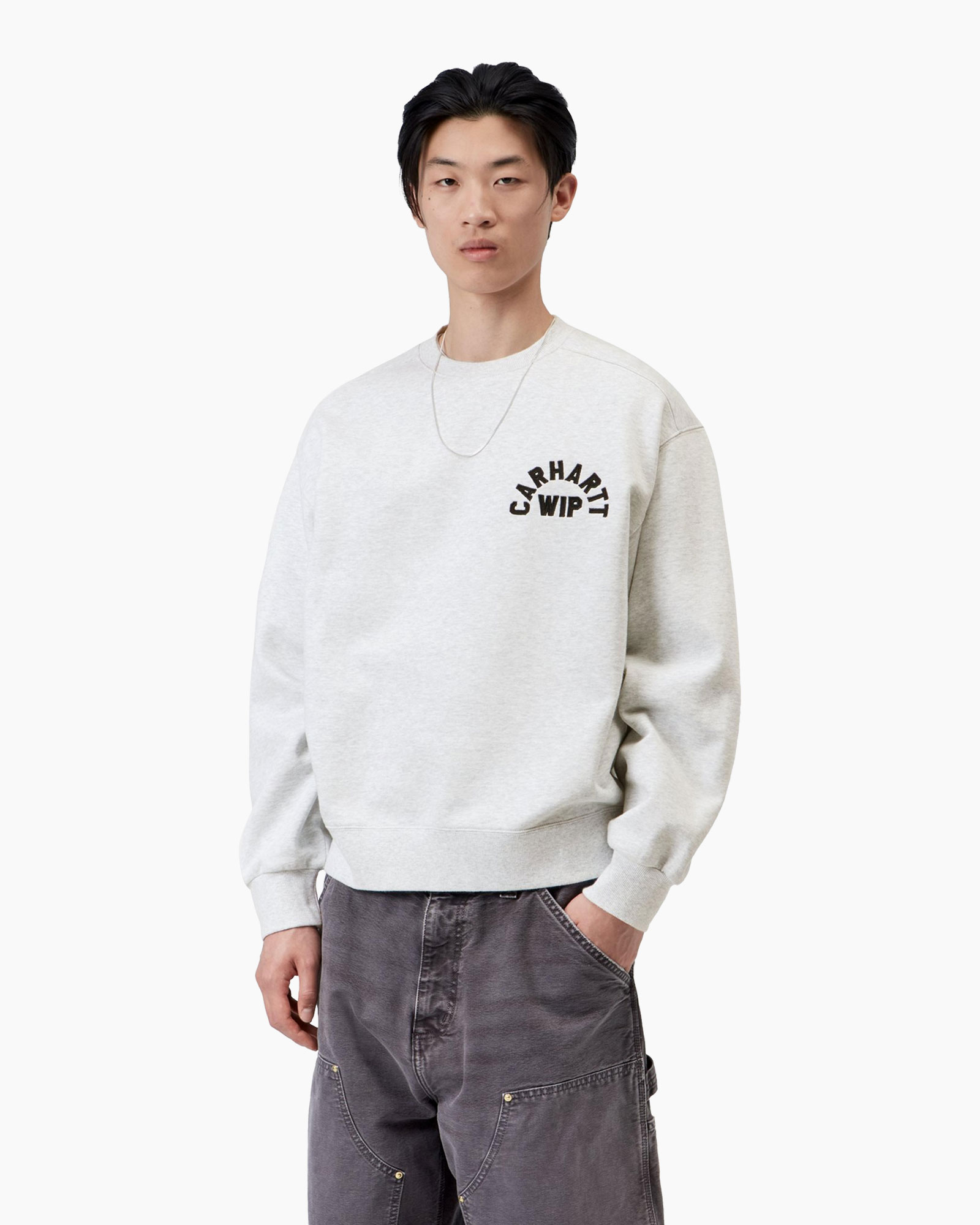 sweatshirt, long-sleeve, crew neck, light gray, graphic text
