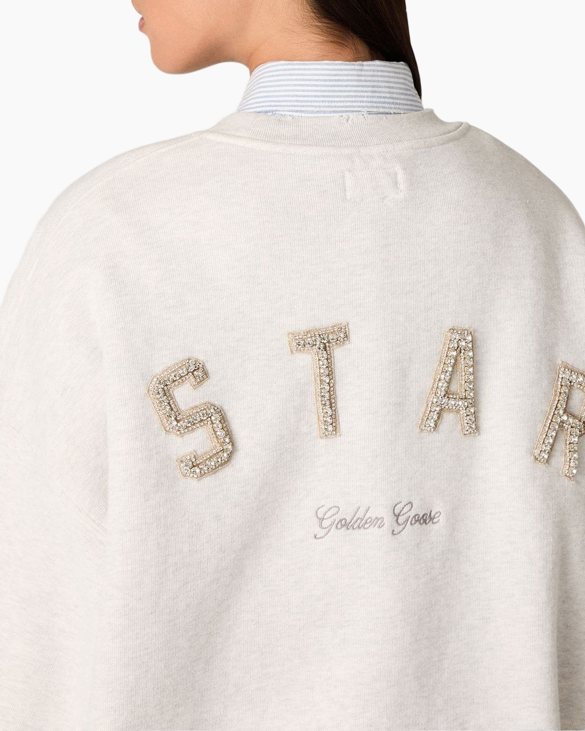 back, sweater, embellished, beige, text, golden goose, stitching, neckline