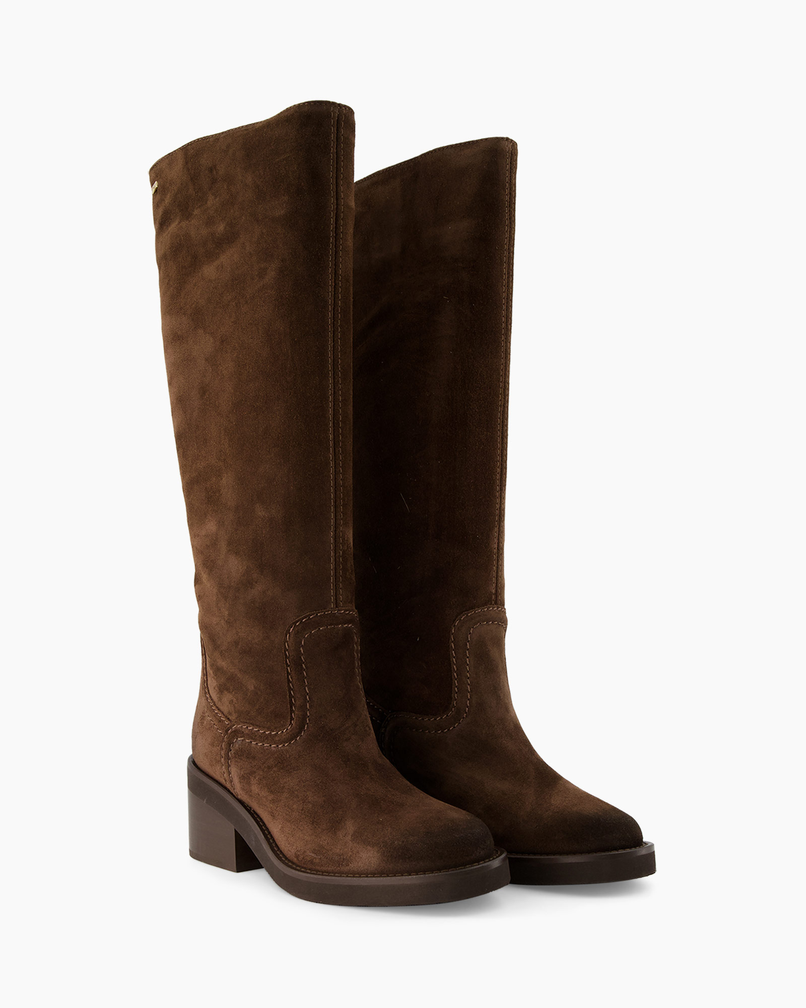 boots, knee-high, brown, leather, block heel