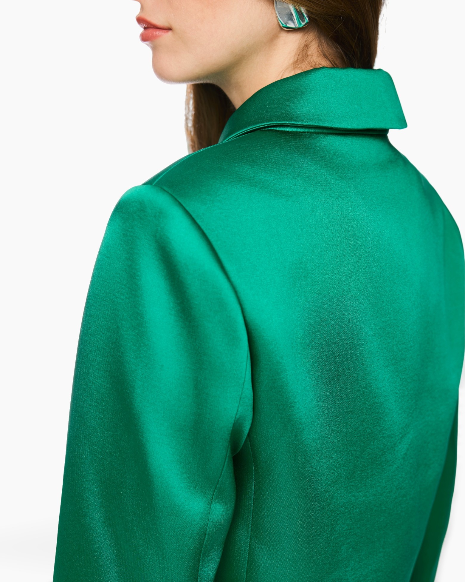 green, silky, coat, collar, shoulder