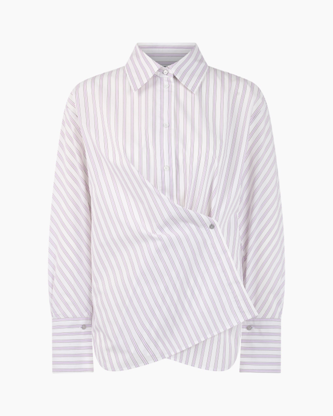 striped shirt, button-down, wrap detail, long sleeve, purple stripes