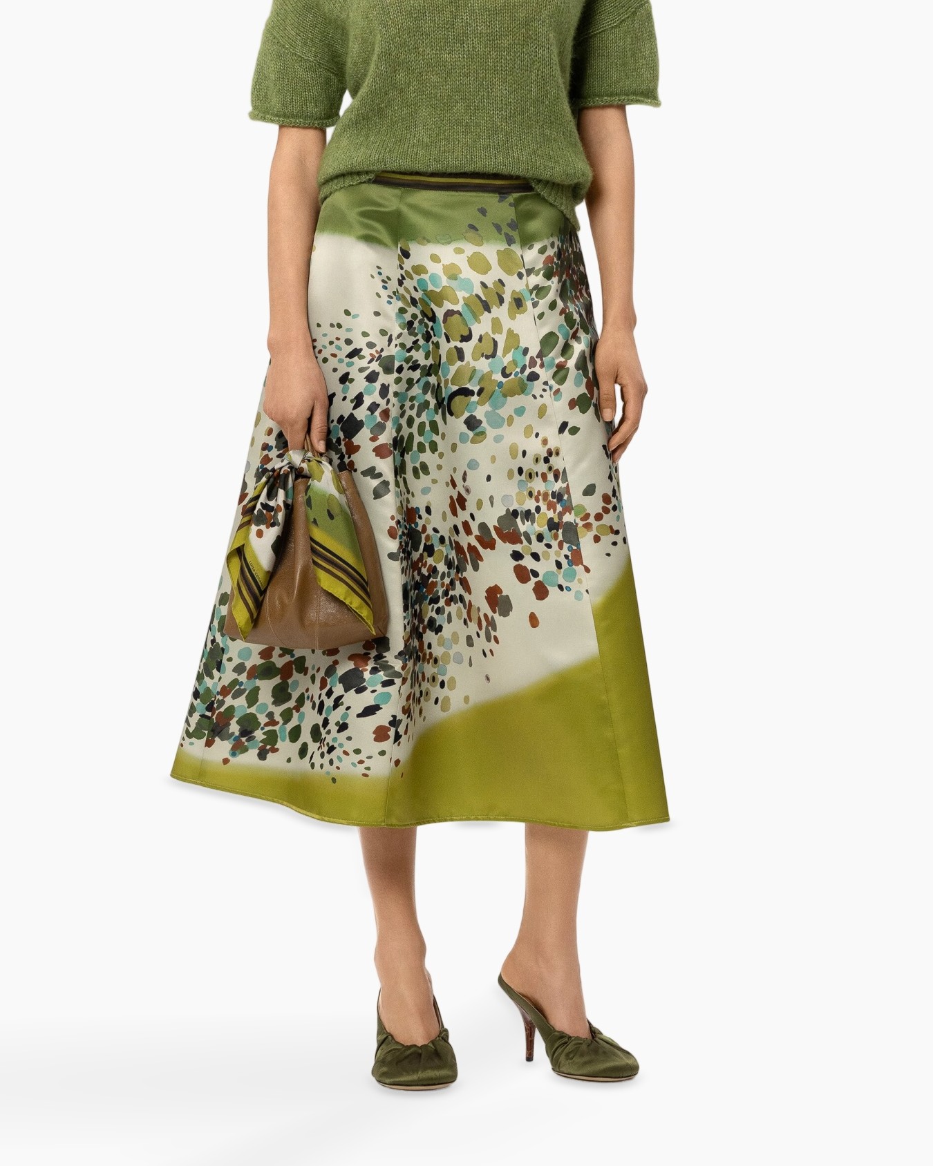 skirt, mid-length, floral-pattern, green, polyester