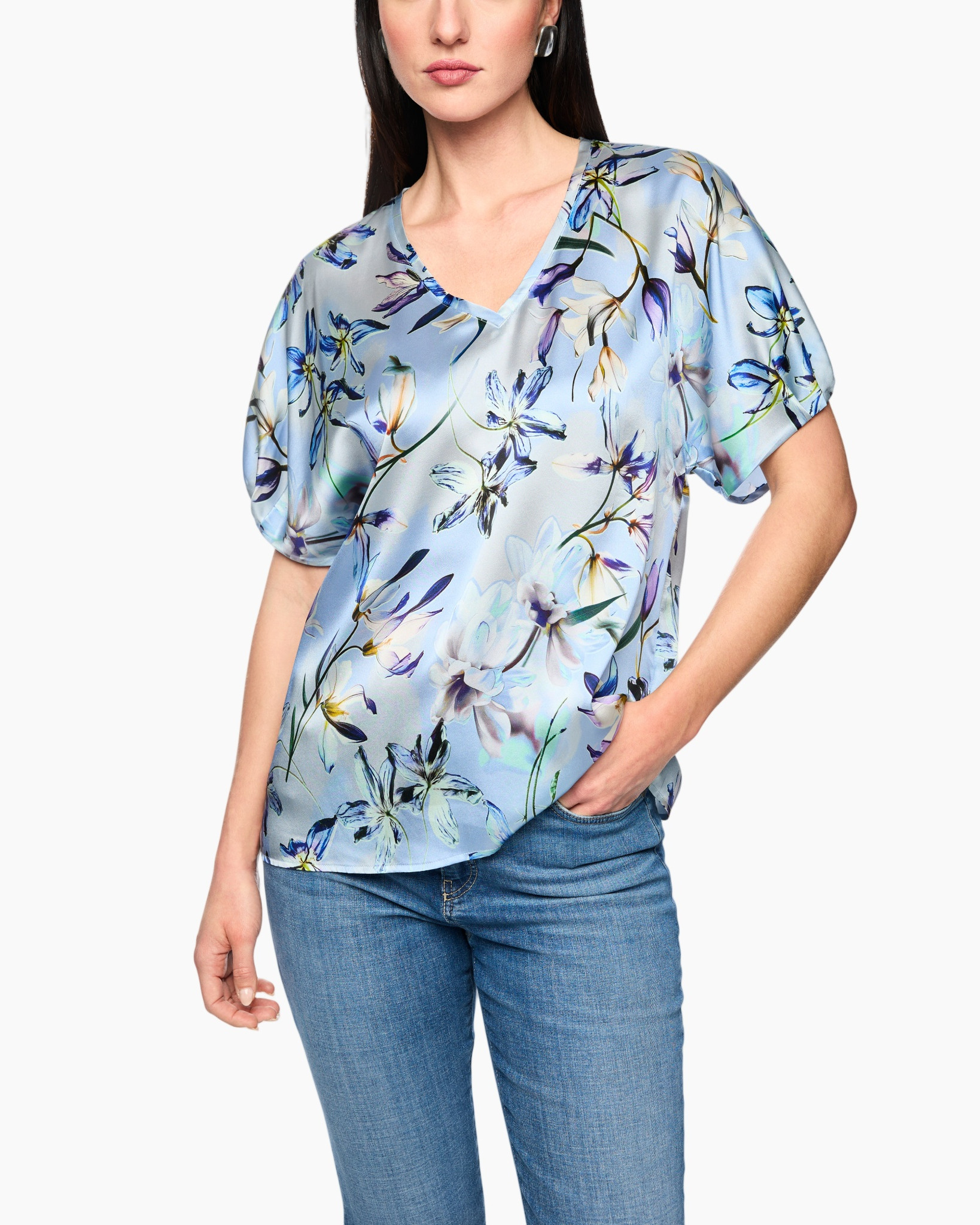 women's blouse, floral top, blue printed shirt, short sleeve, v-neck