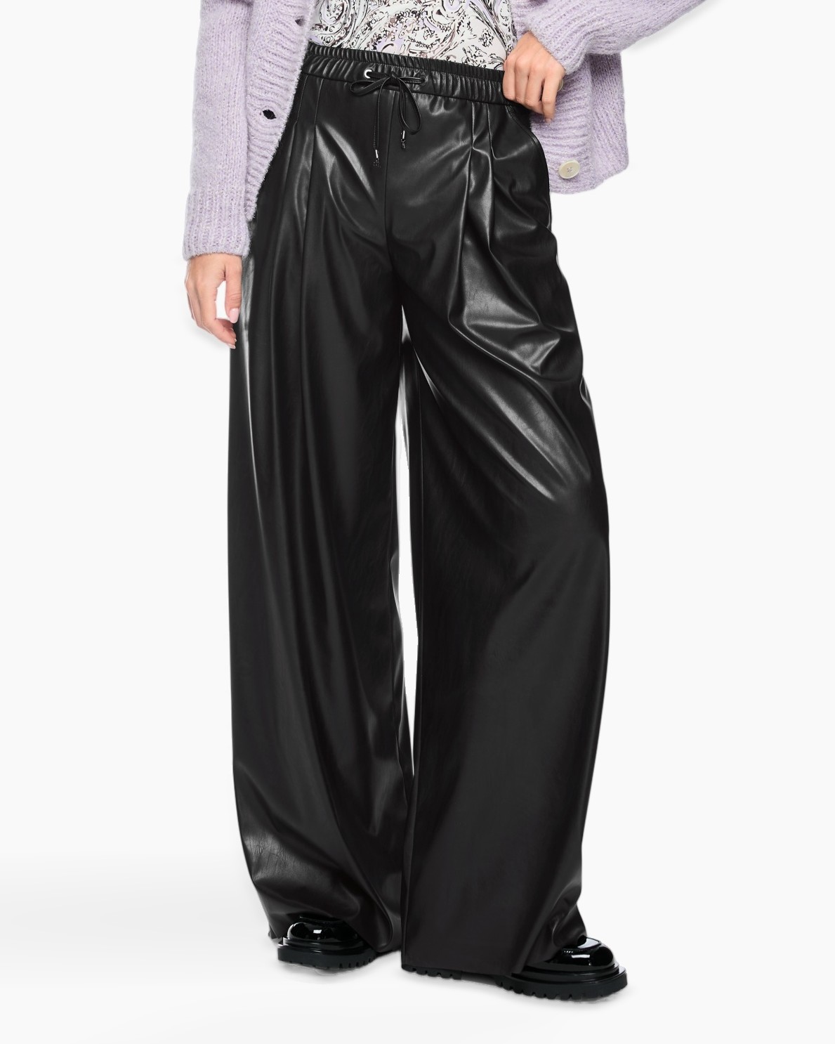 pants, trousers, wide-leg, leather, black