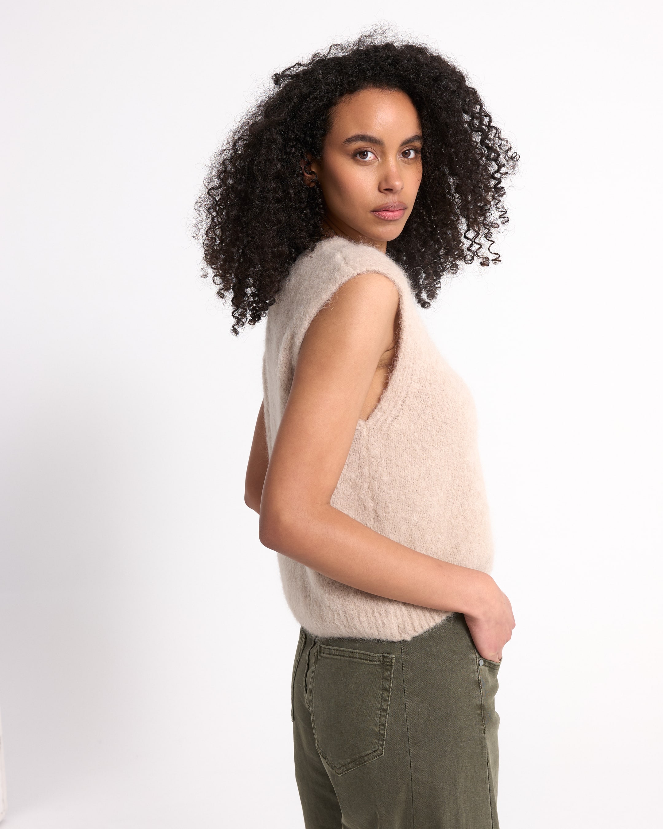 sleeveless sweater, beige knit, soft knitwear, women top, green pants
