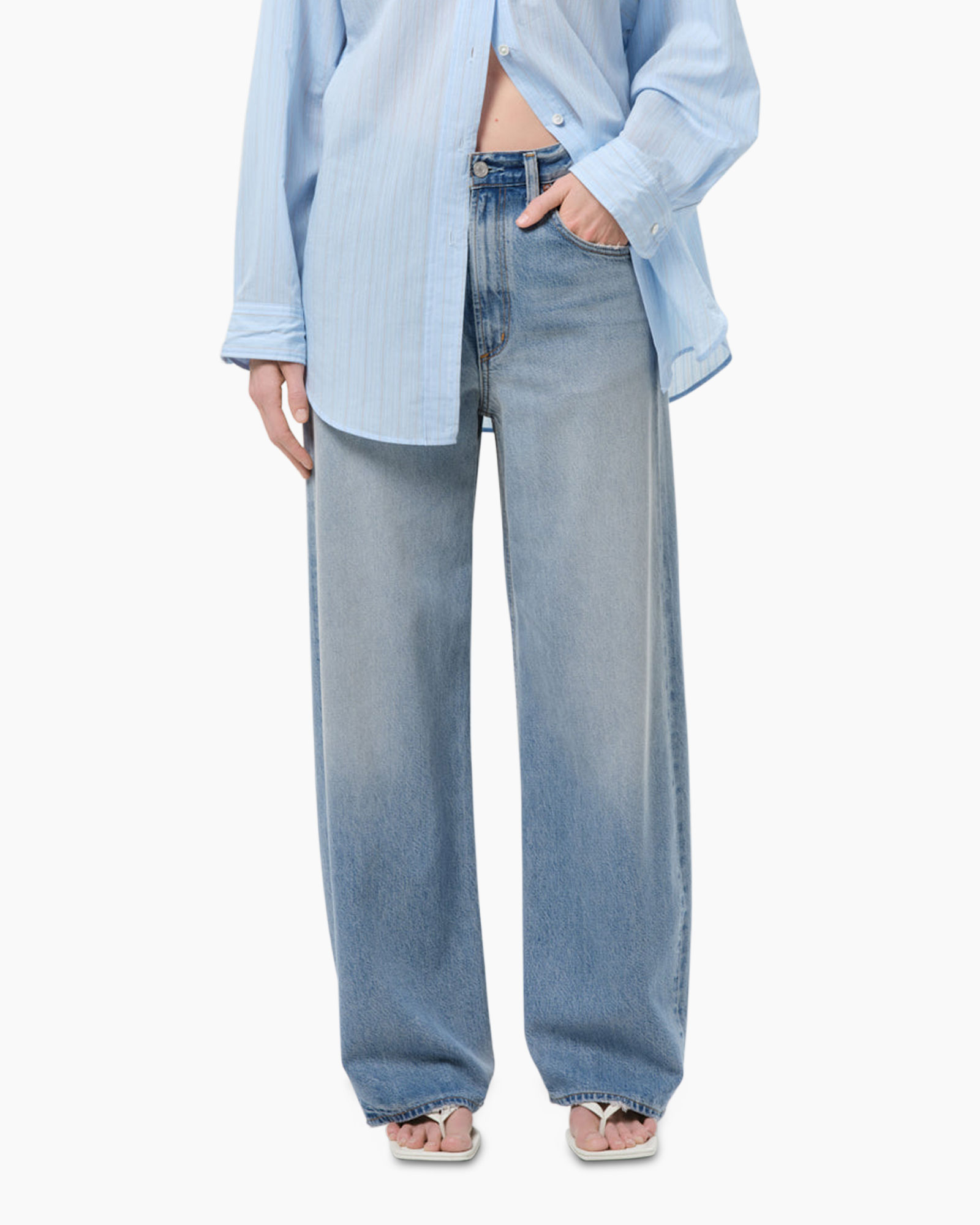 denim jeans, baggy fit, light wash, high waist, button fly