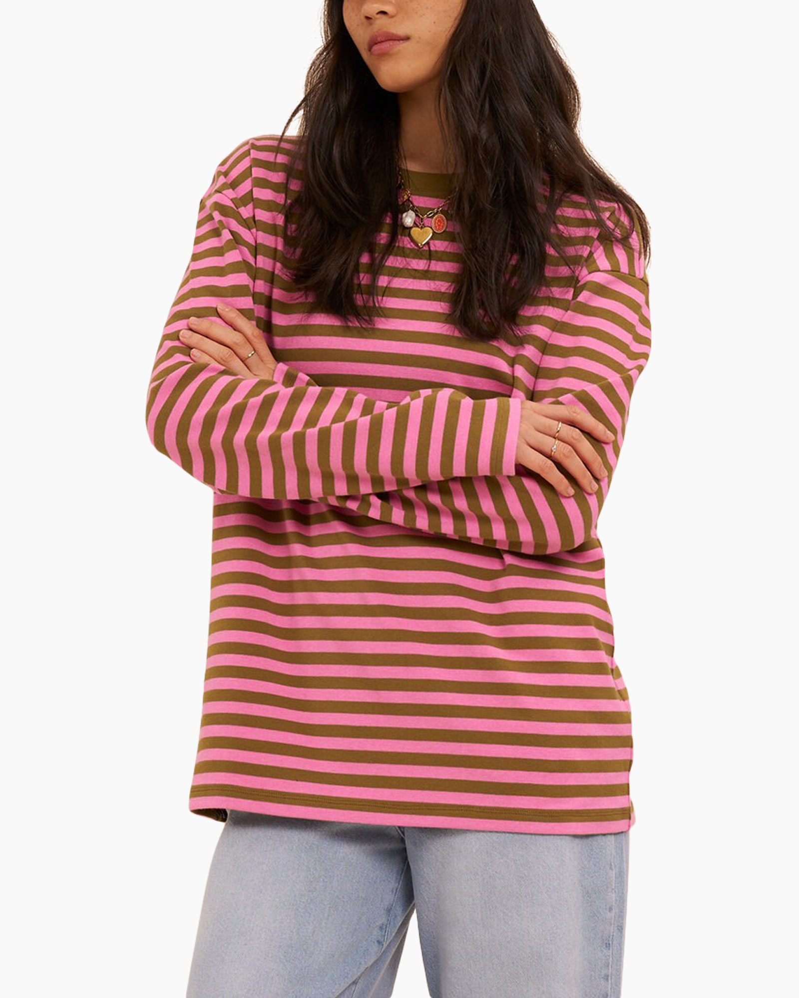 striped sweater, pink brown stripes, long sleeve, crew neck, casual top