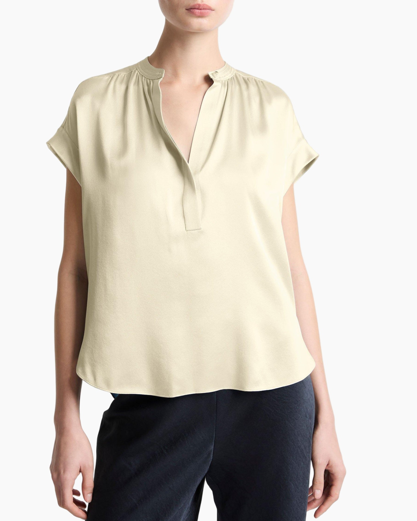 blouse, poppy, solid, short-sleeve, v-neck, beige