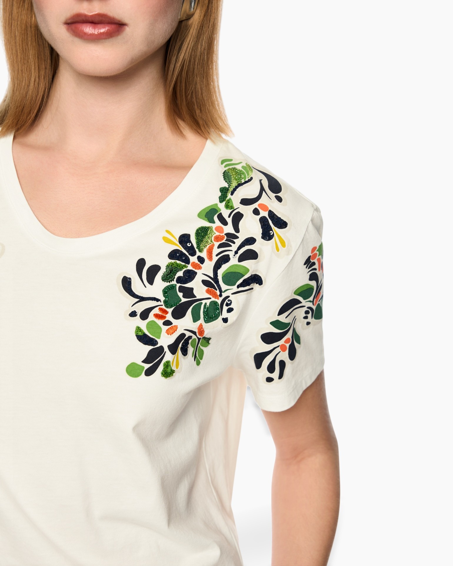 tshirt, embroidery, short sleeve, cream, floral pattern