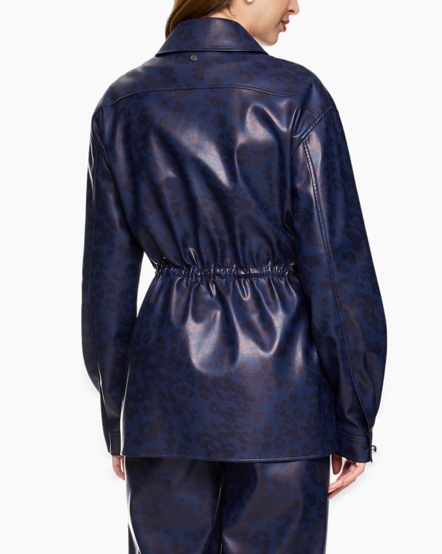 jacket, long sleeve, button front, drawstring waist, leather look
