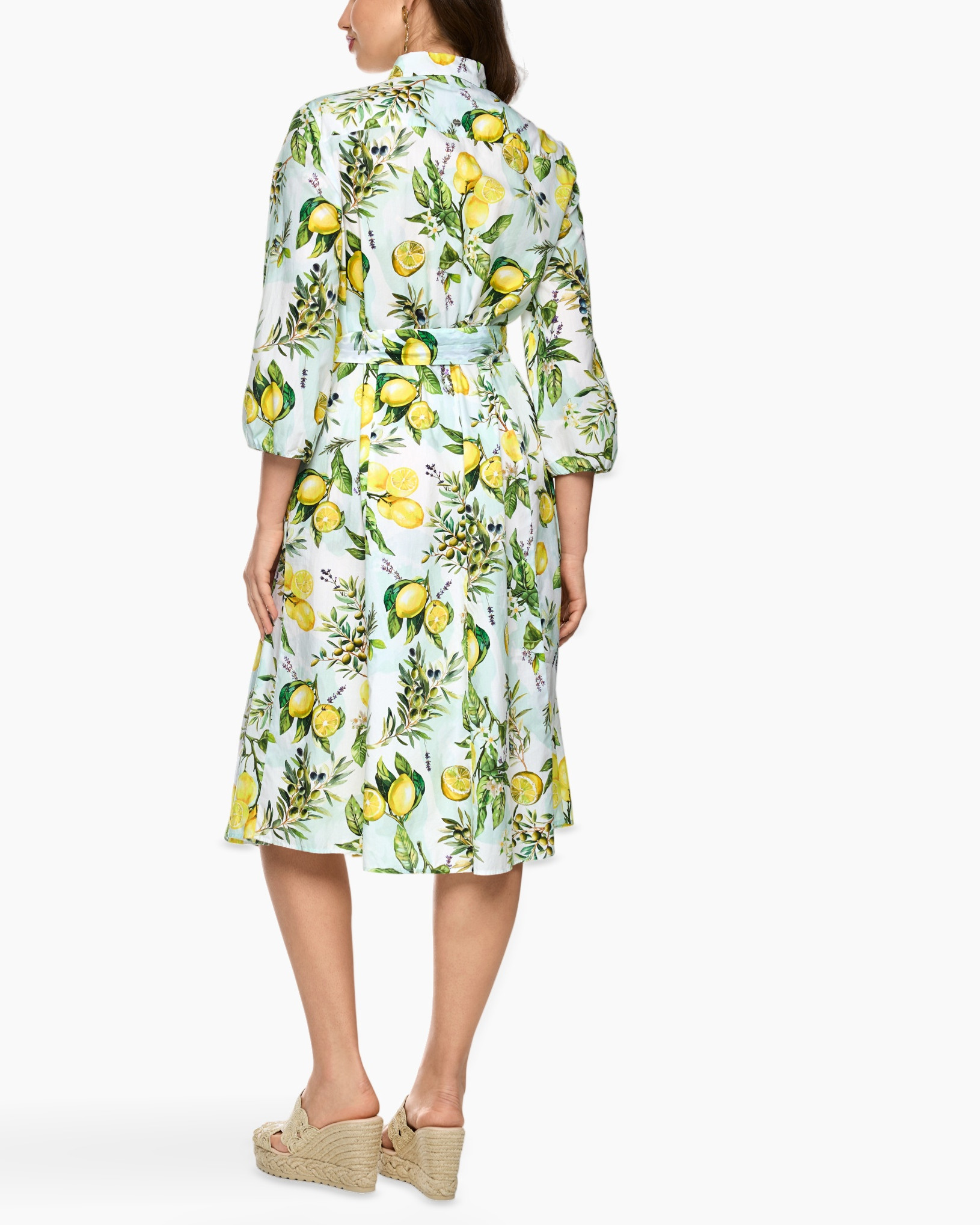 dress, print, lemon pattern, mid-length, belted