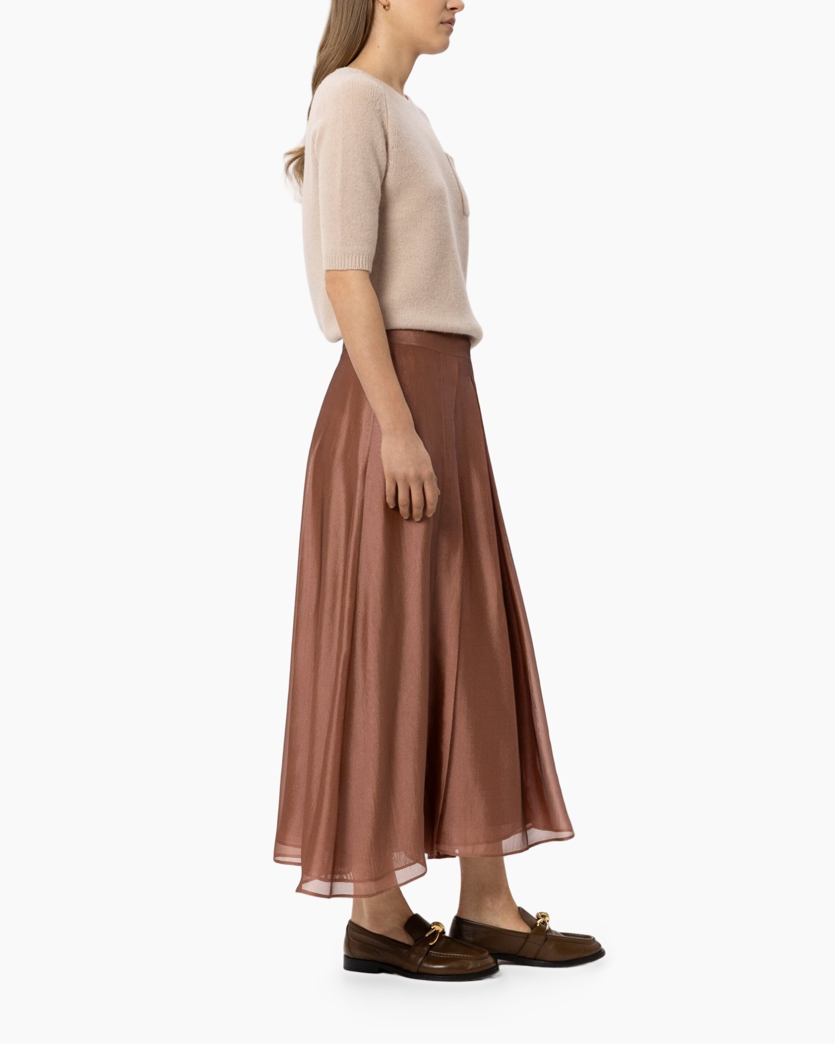 skirt, pleated, mid-length, brown, sheer