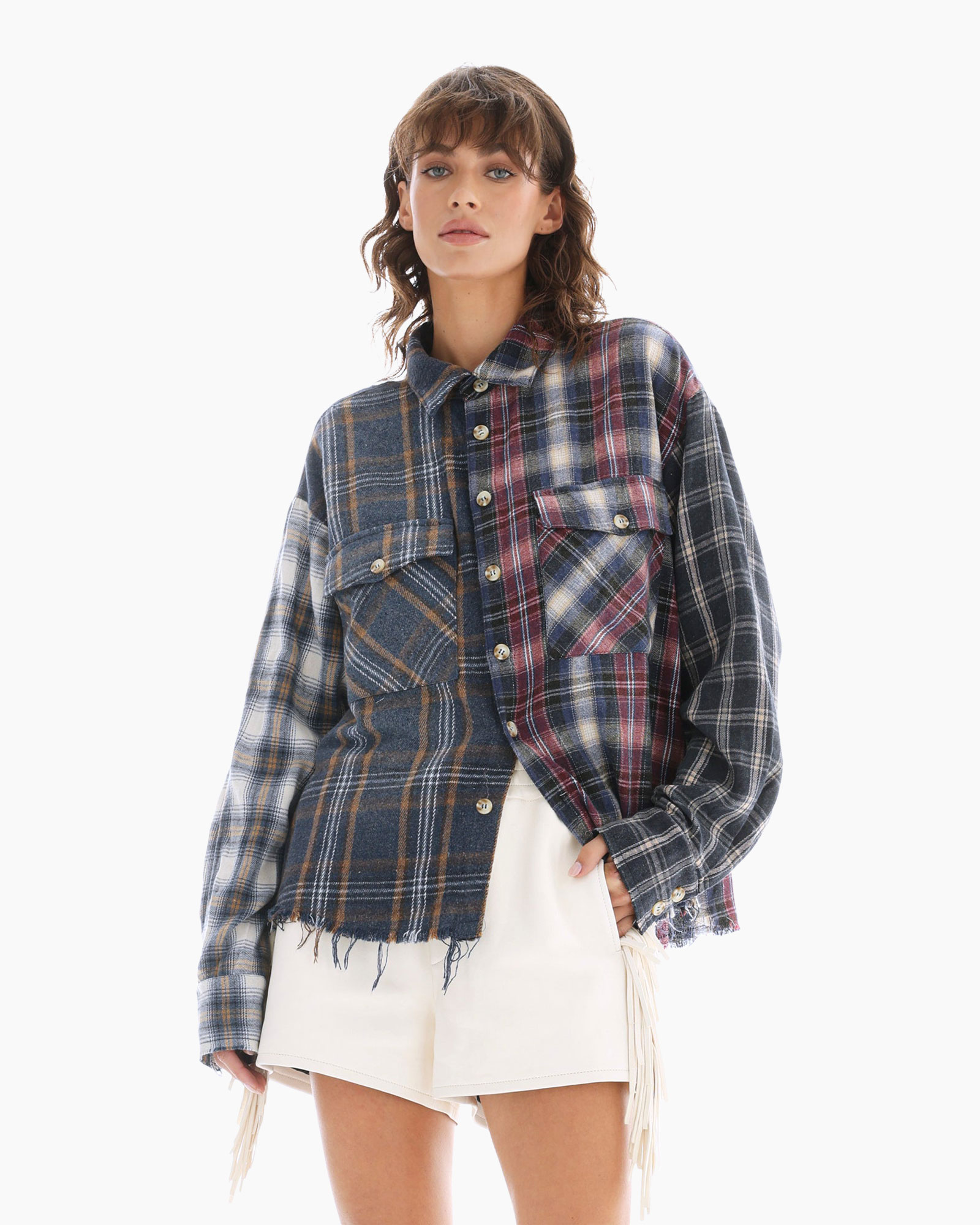 plaid shirt, patchwork, oversized, long sleeve, frayed hem