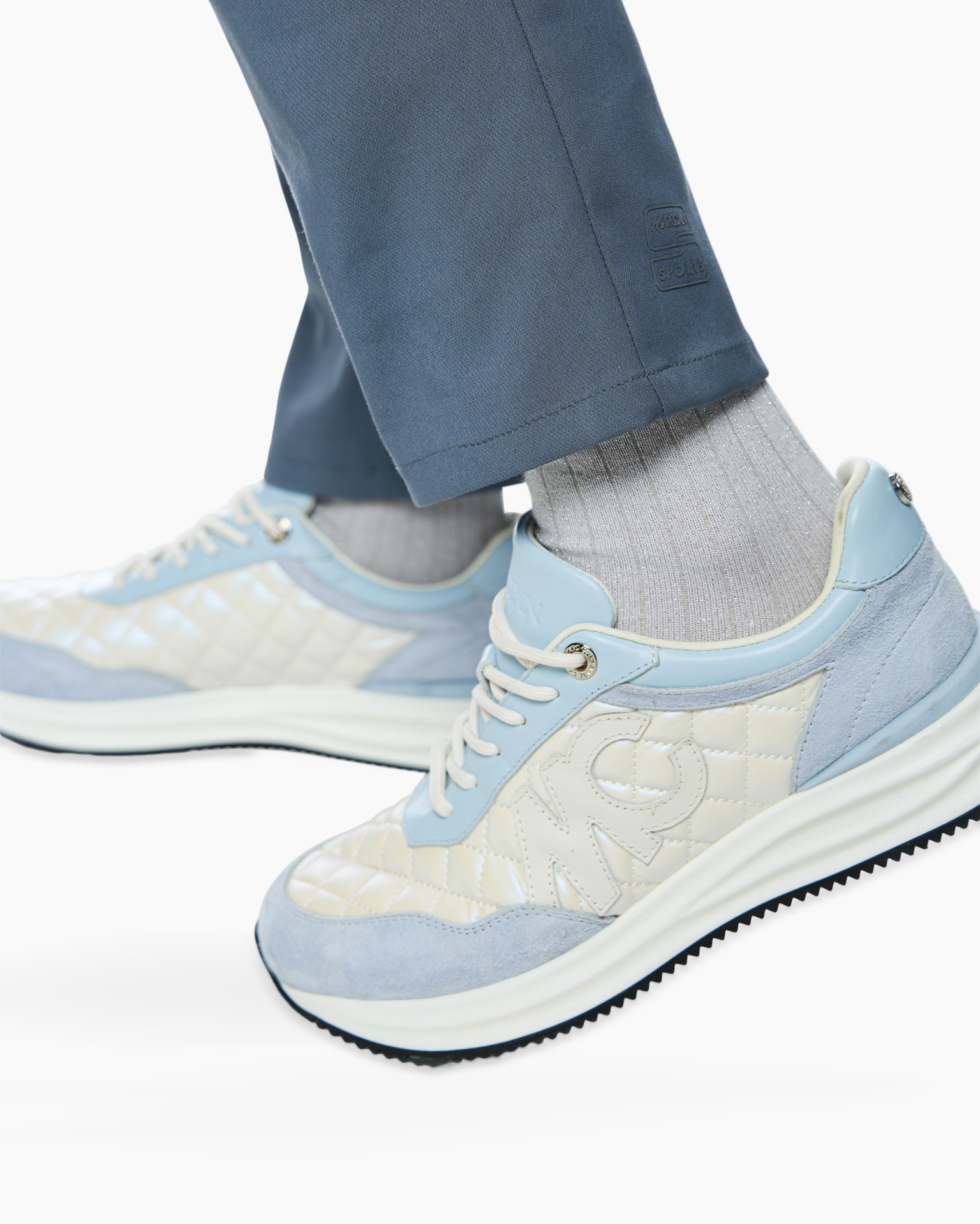 sneakers, athletic shoes, quilted pattern, light blue, laces