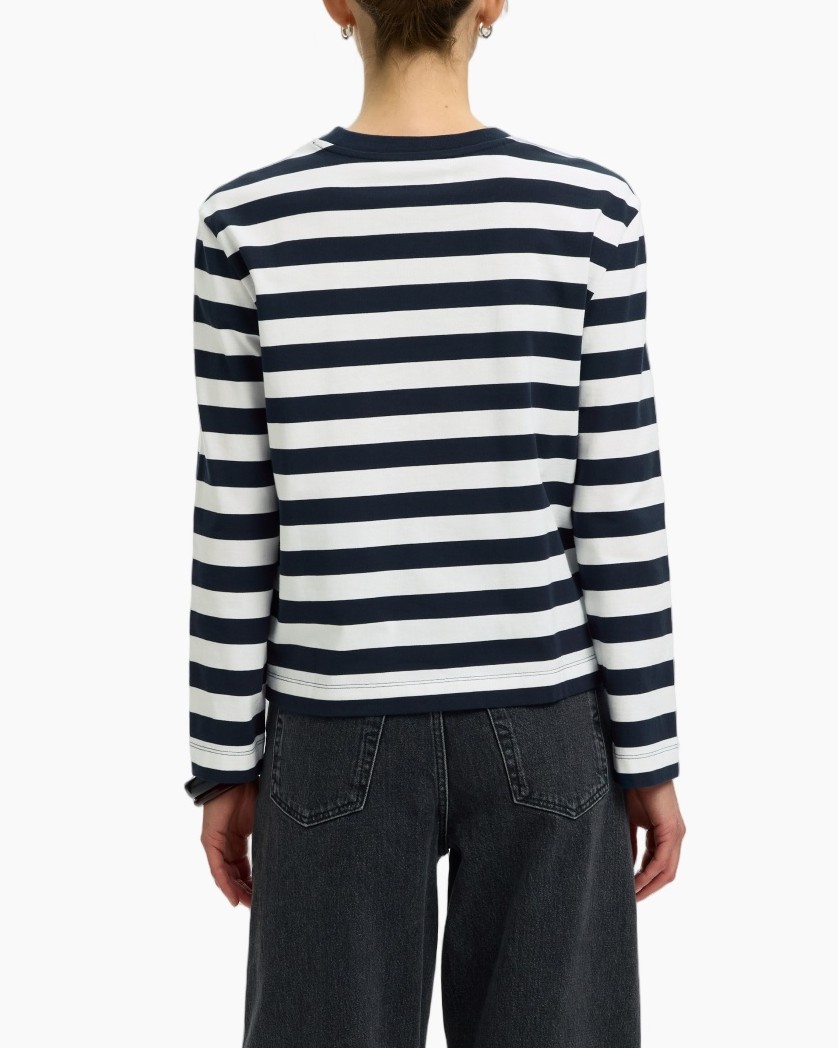 striped shirt, long sleeves, navy white, crew neck, casual top
