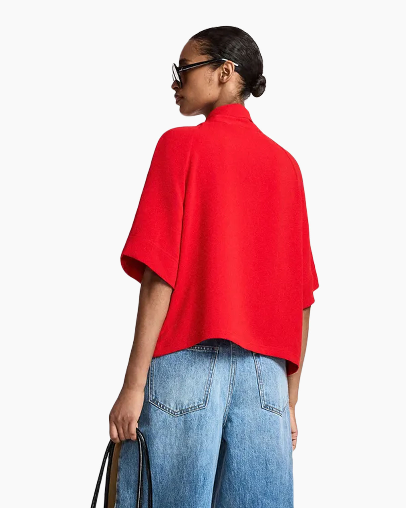 red top, blouse, short sleeves, tie-neck, sunglasses