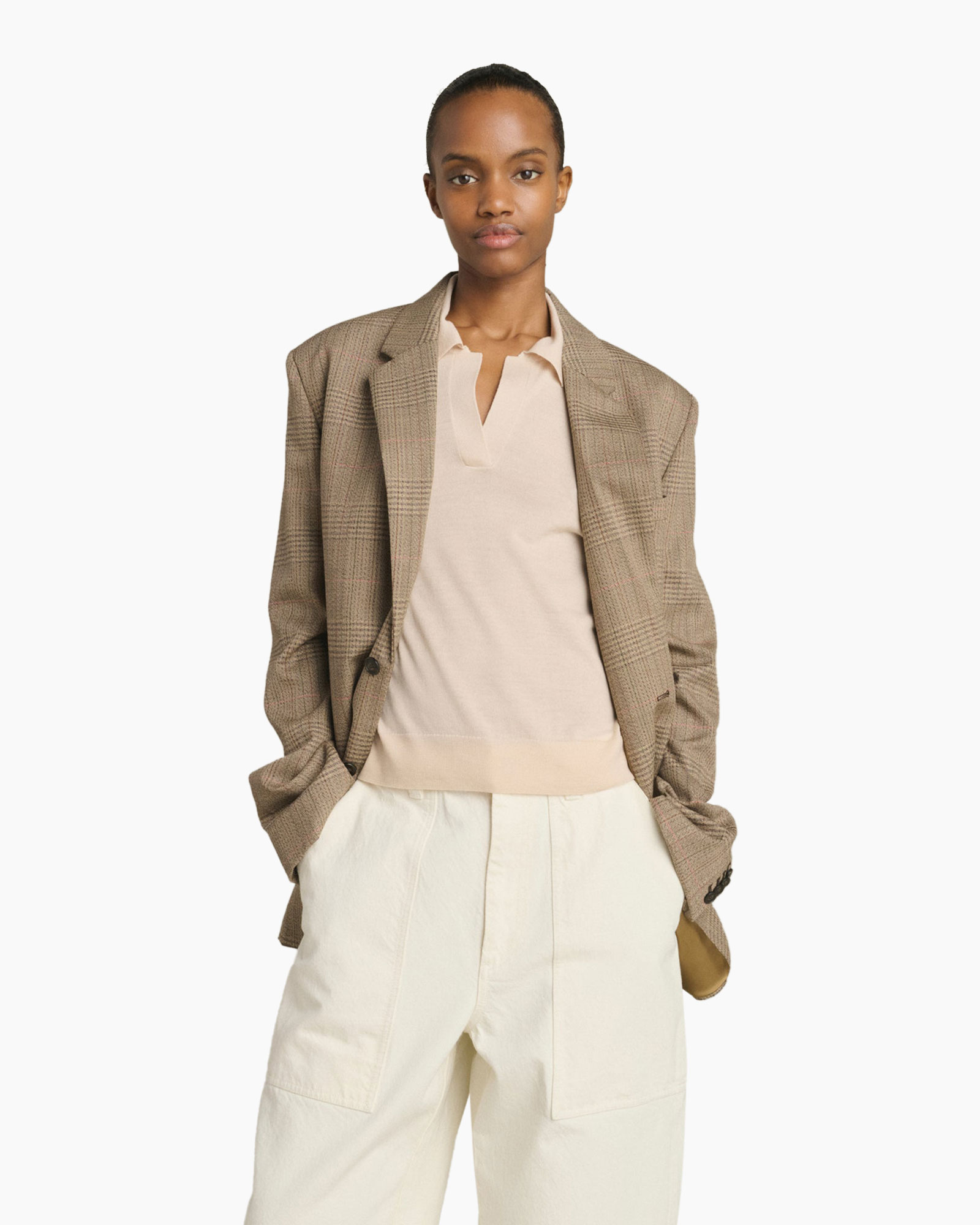 blazer, plaid, woman, round-neck top, beige