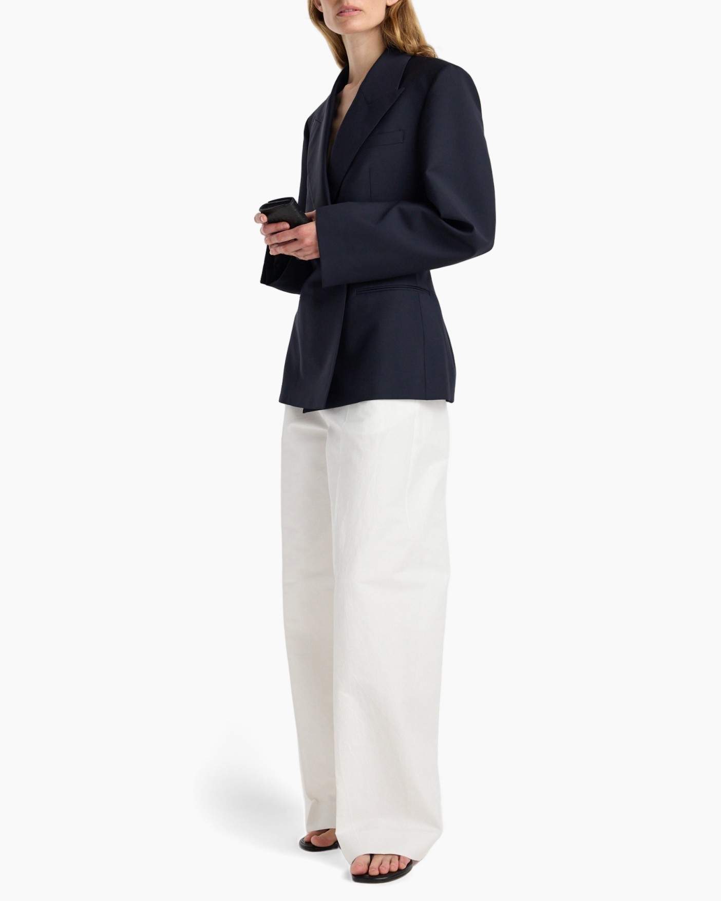 blazer, navy blazer, double-breasted, loose fit, wide-leg pants