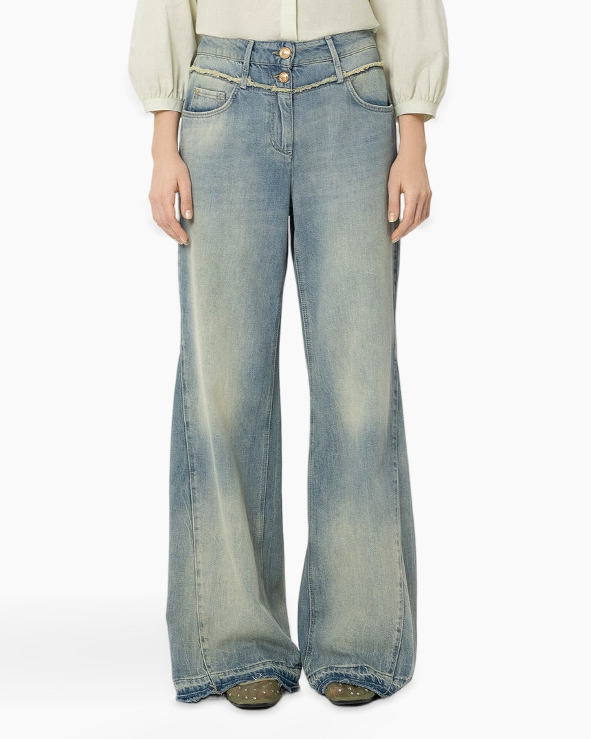 jeans, wide-leg, distressed, distressed denim, high-waisted