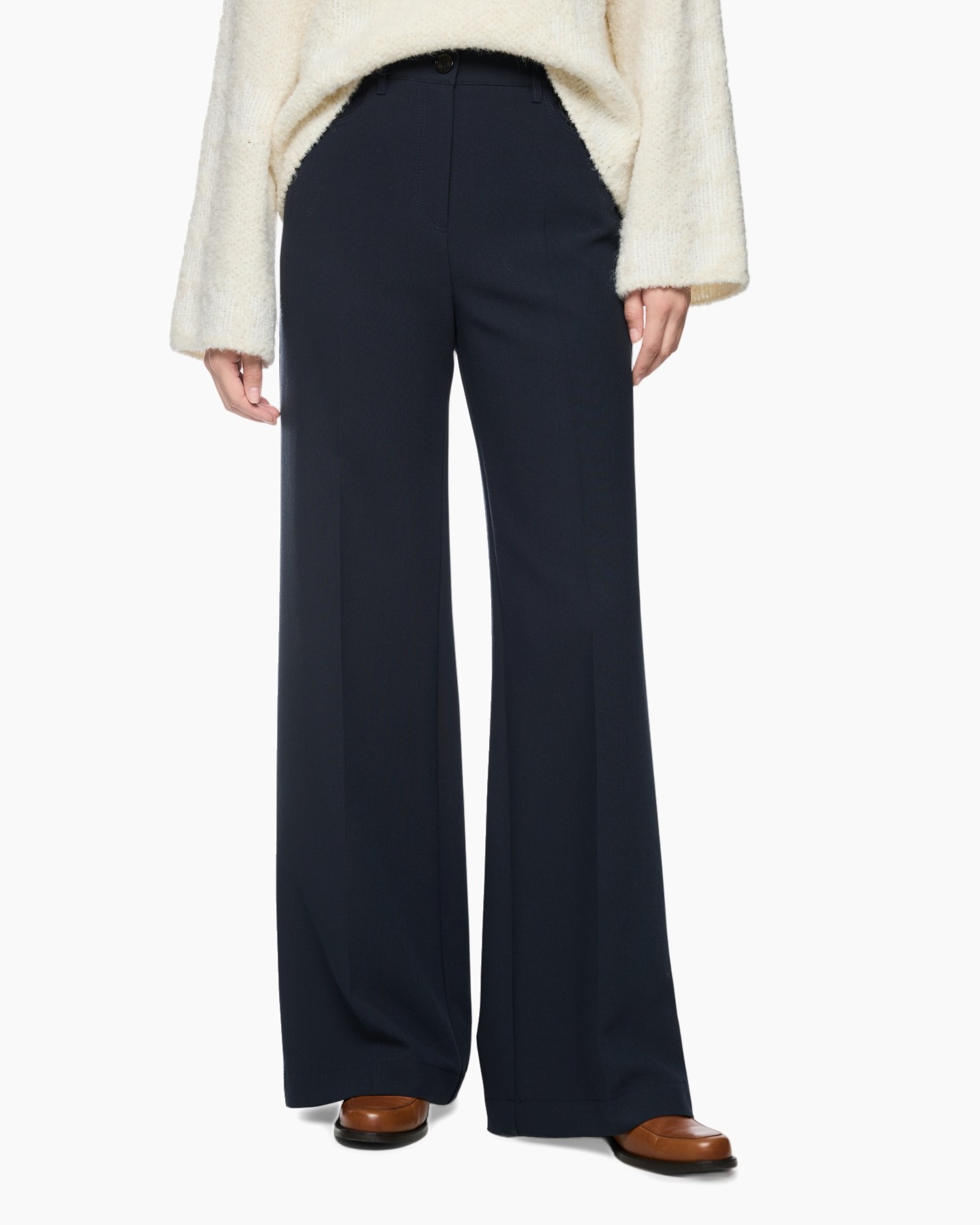 trousers, wide-leg, navy, high-waist, fabric-pants