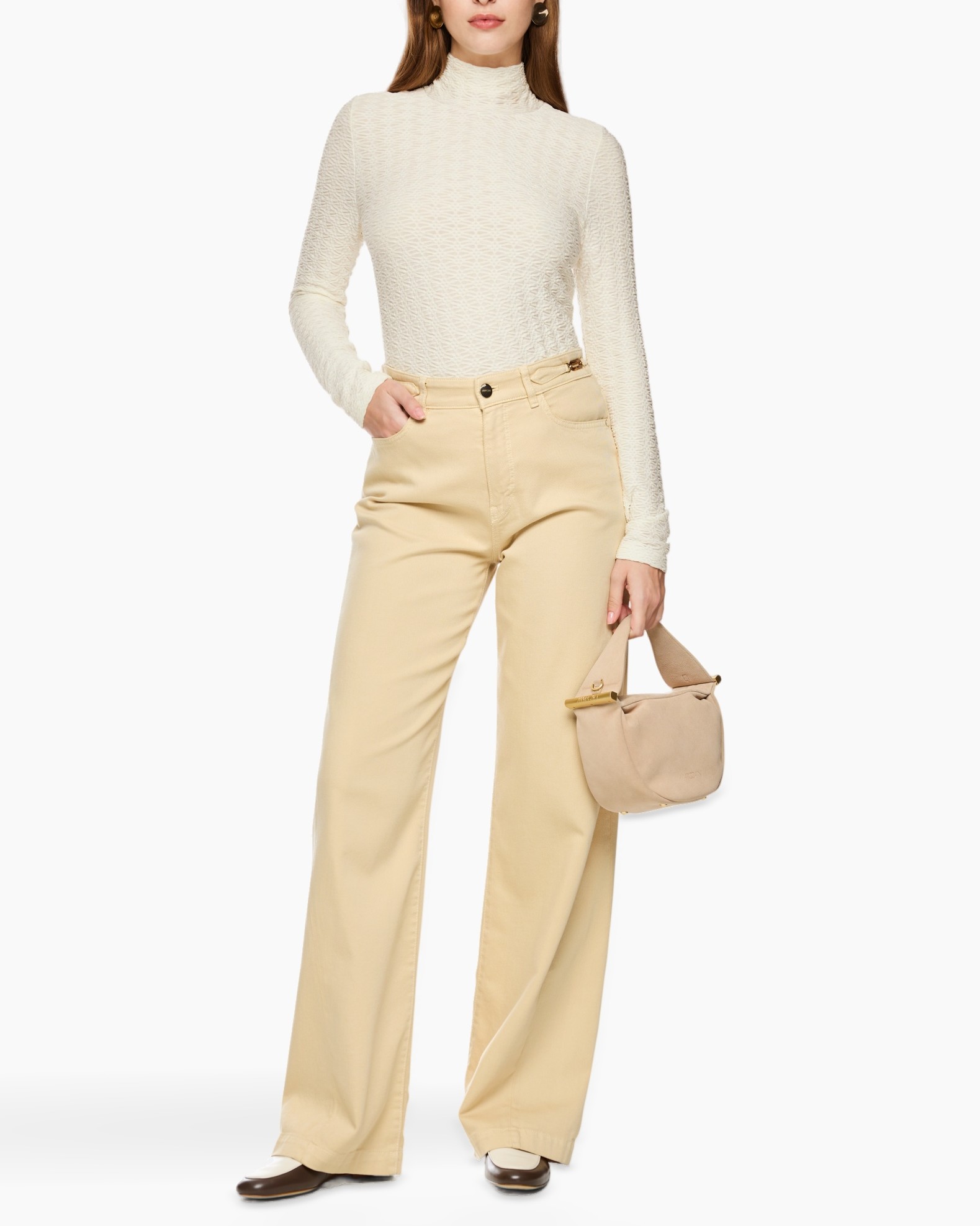turtleneck, knit, beige, wide-leg, handbag