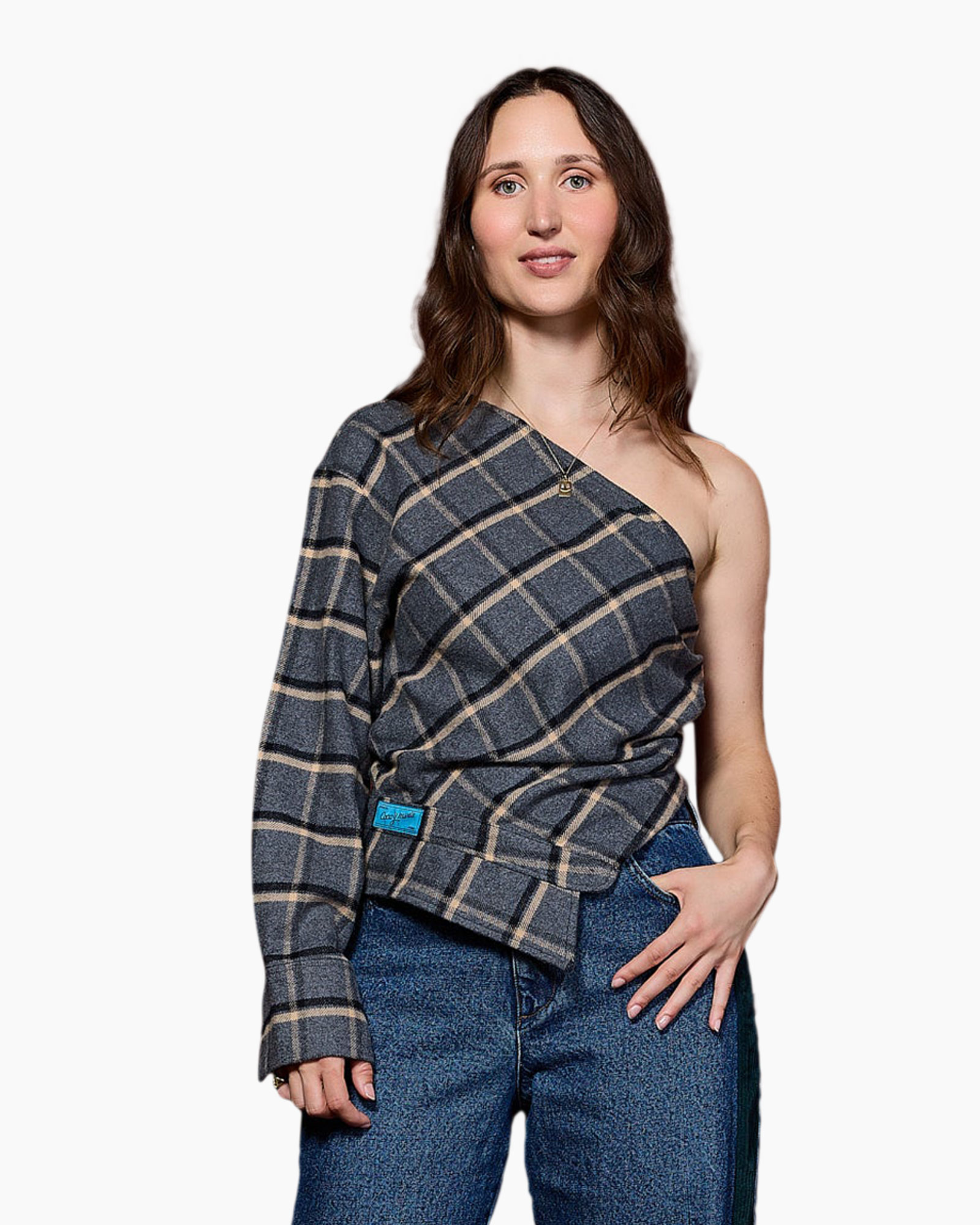 one-shoulder top,  plaid top,  long-sleeve,  knit fabric,  blue gray