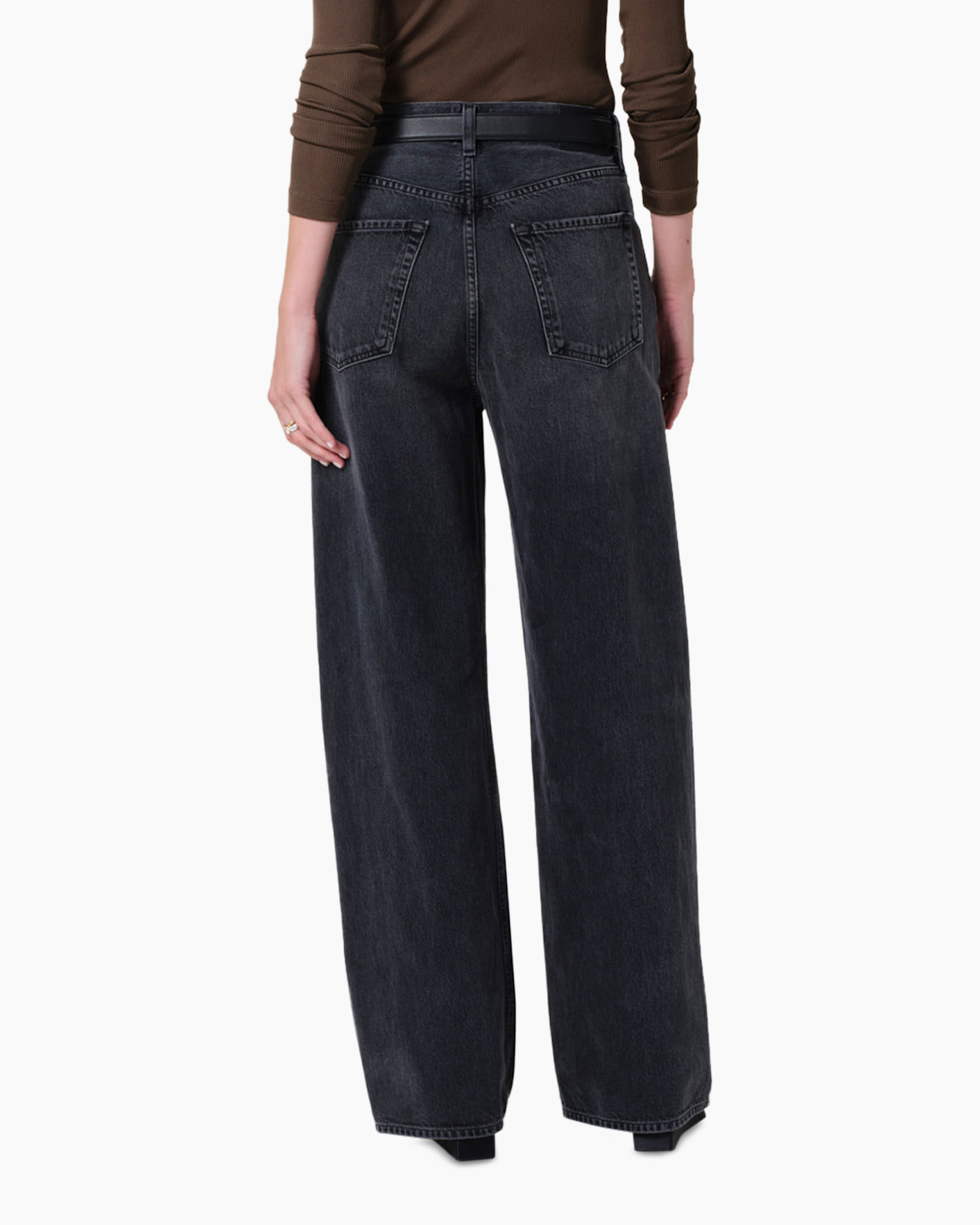 jeans, wide-leg, dark wash, back pockets, high-waisted?