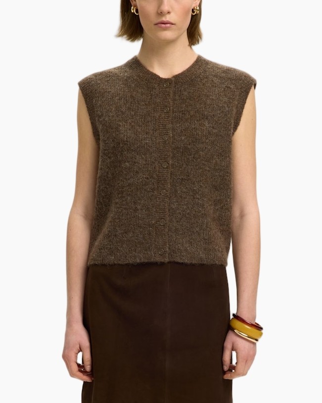 knit vest, sleeveless, brown, buttons, textured knit