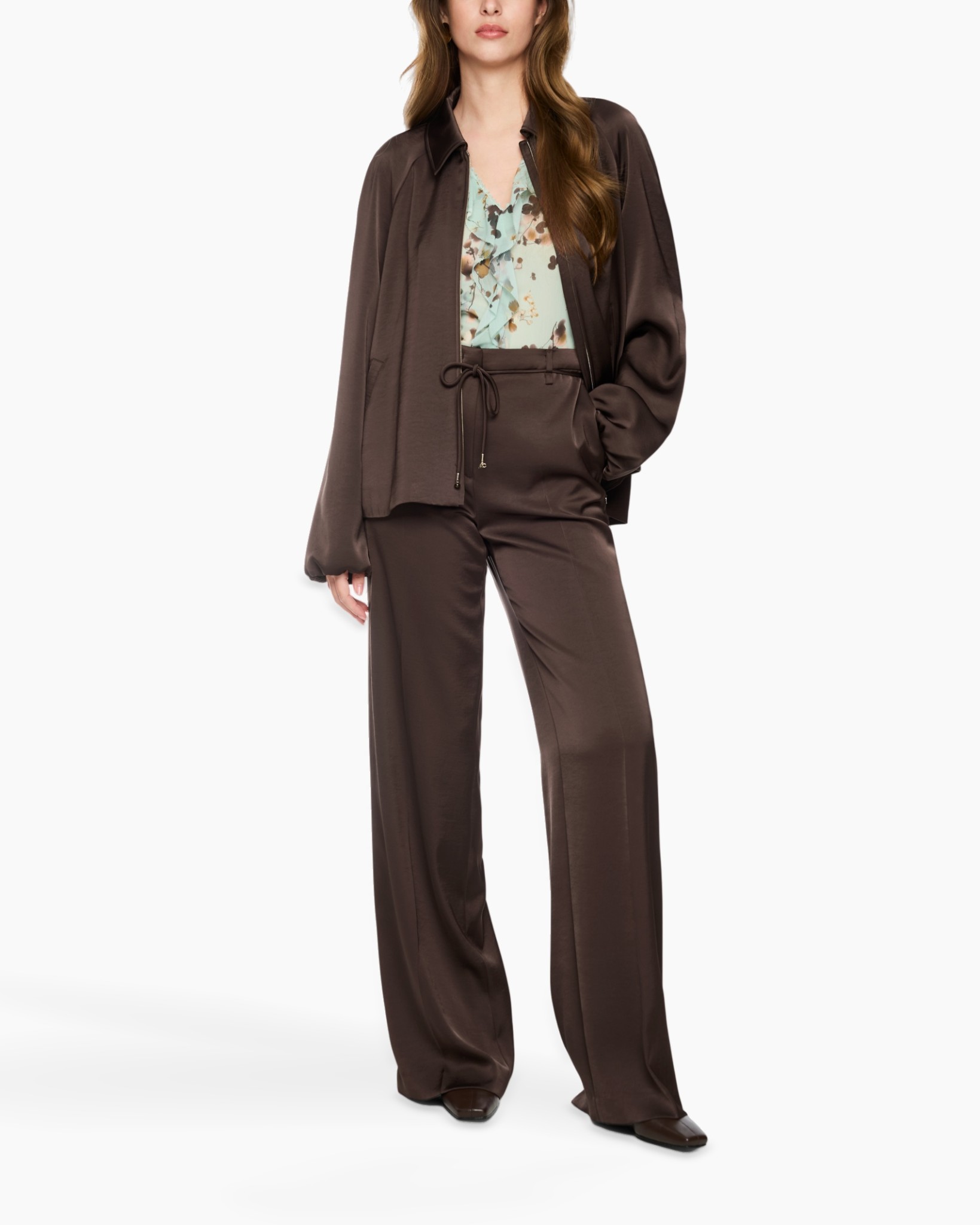 pants, wide-leg, brown, satiny, jacket