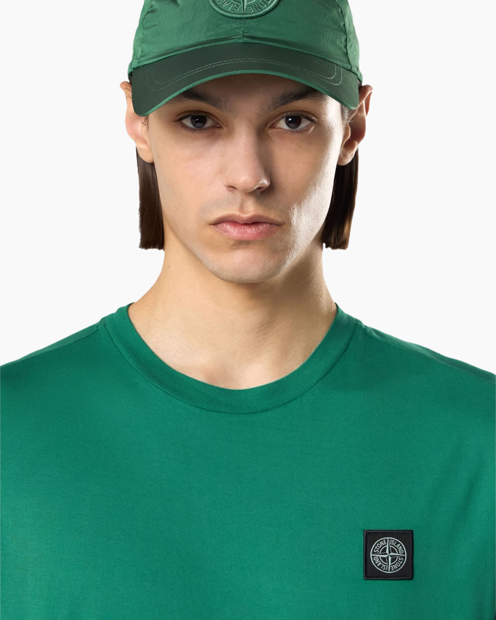 green, cap, t-shirt, logo patch, crew neck
