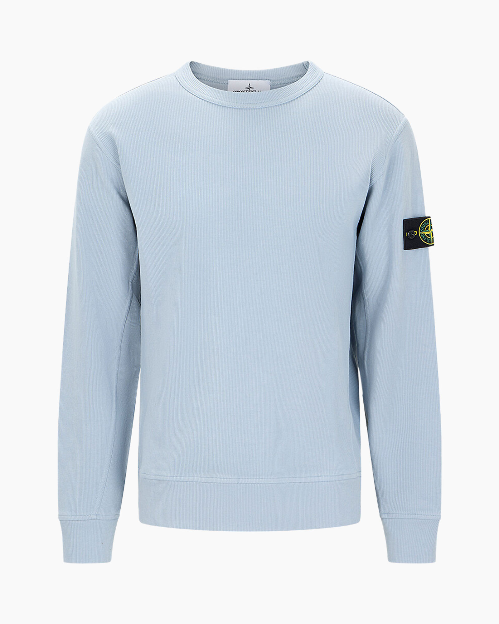 crewneck, long-sleeve, light blue, ribbed, patch