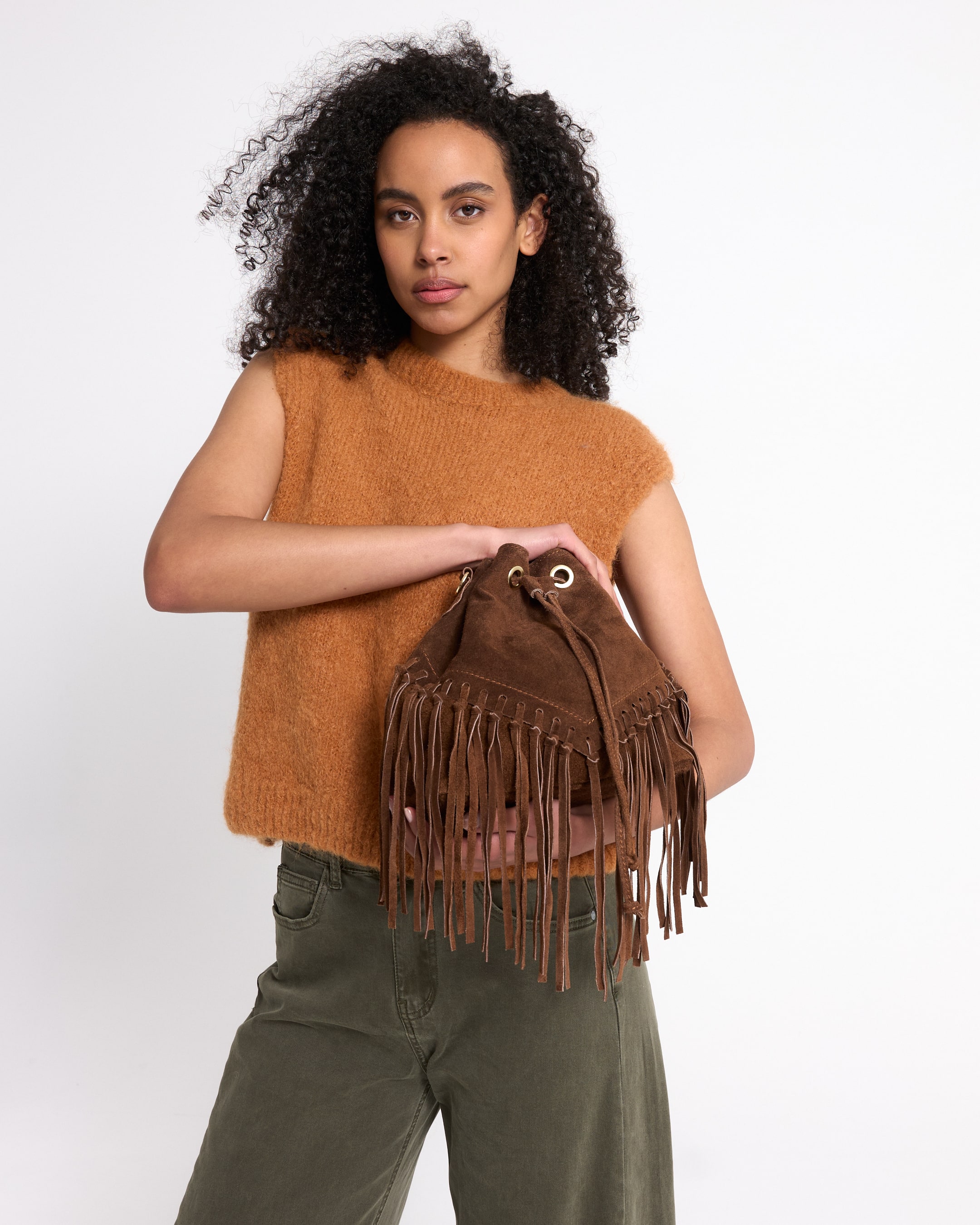 top, knit, orange, sleeveless, bag fringe