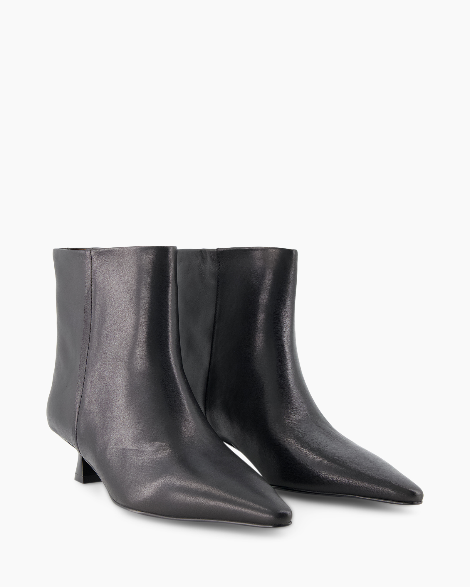 ankle boots, leather, black, pointed toe, mid heel