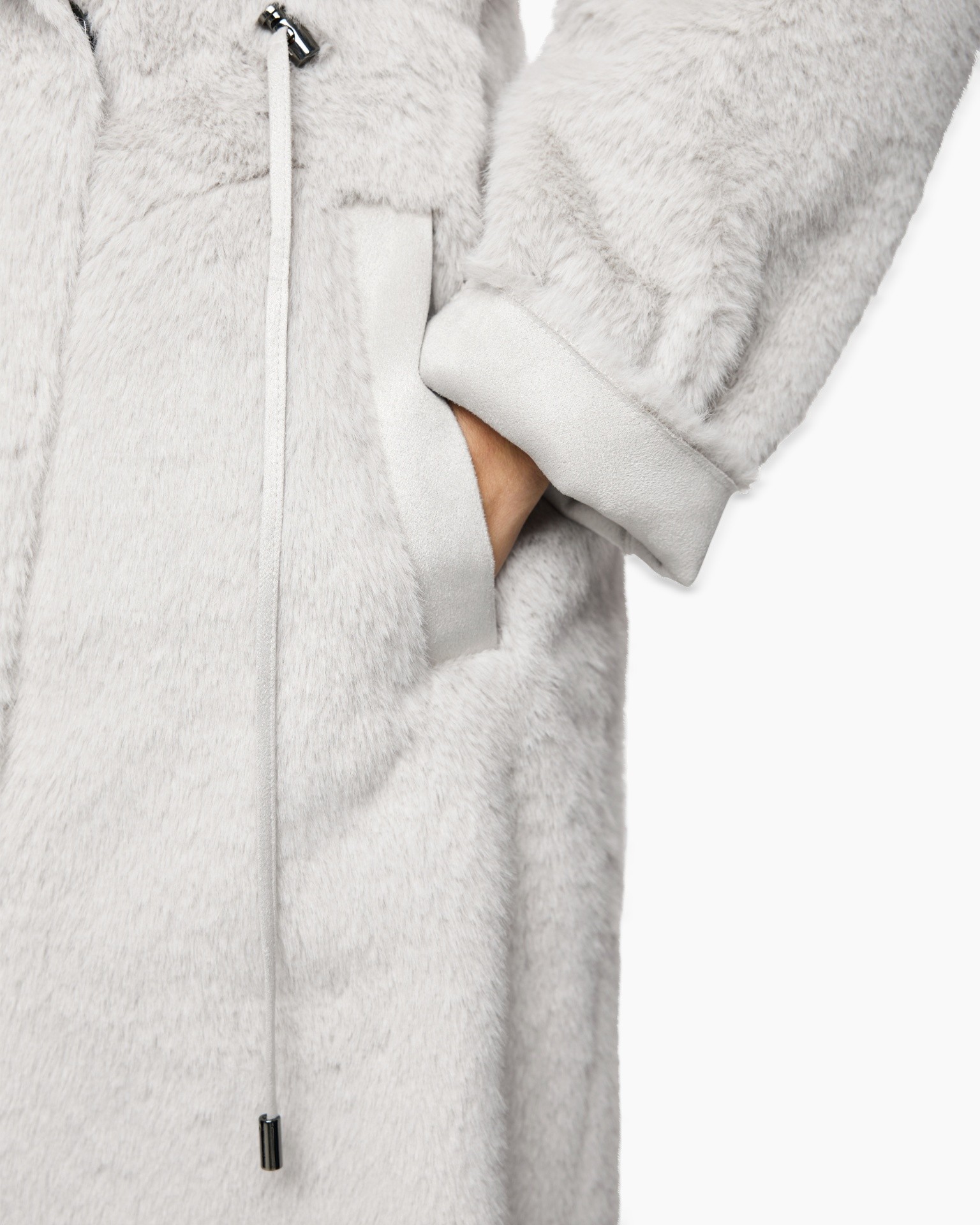 faux fur, coat, zipper, pocket, light gray