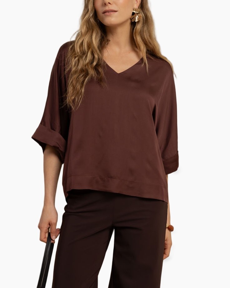 brown top, V-neck, puff sleeves, silky blouse, loose fit