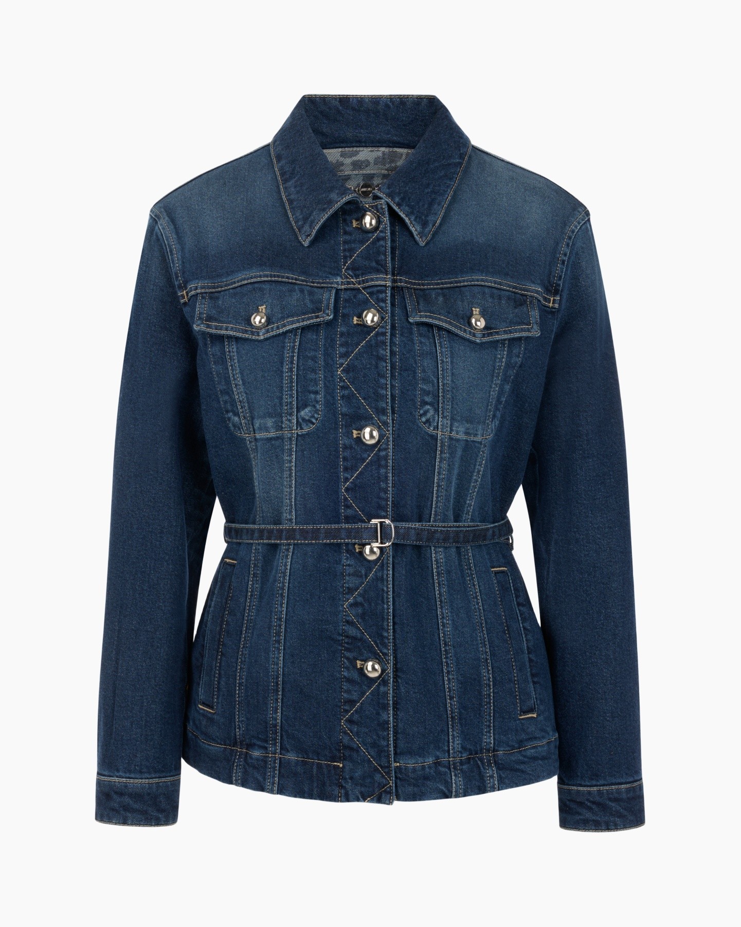 denim jacket, jean jacket, belted jacket, button front, four-pocket