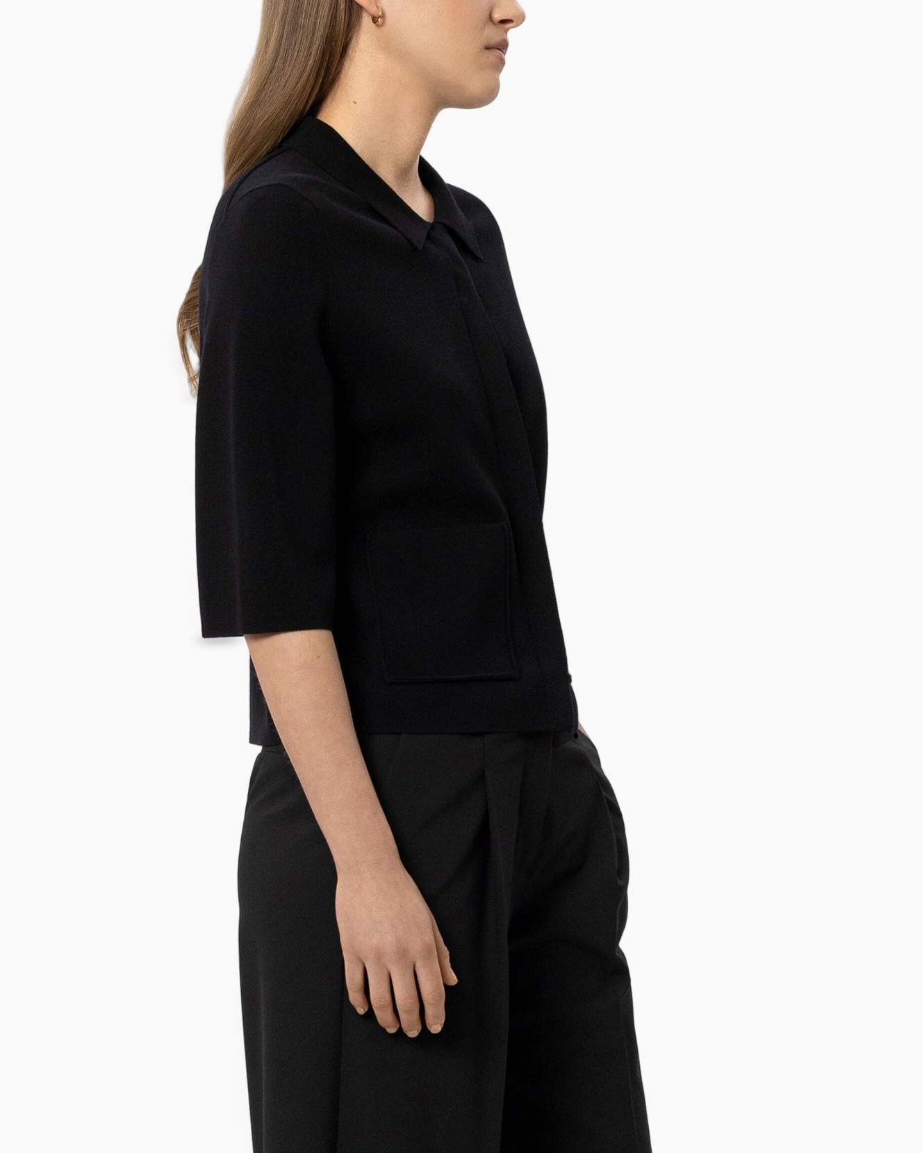 black, top, short-sleeve, collar, pocket