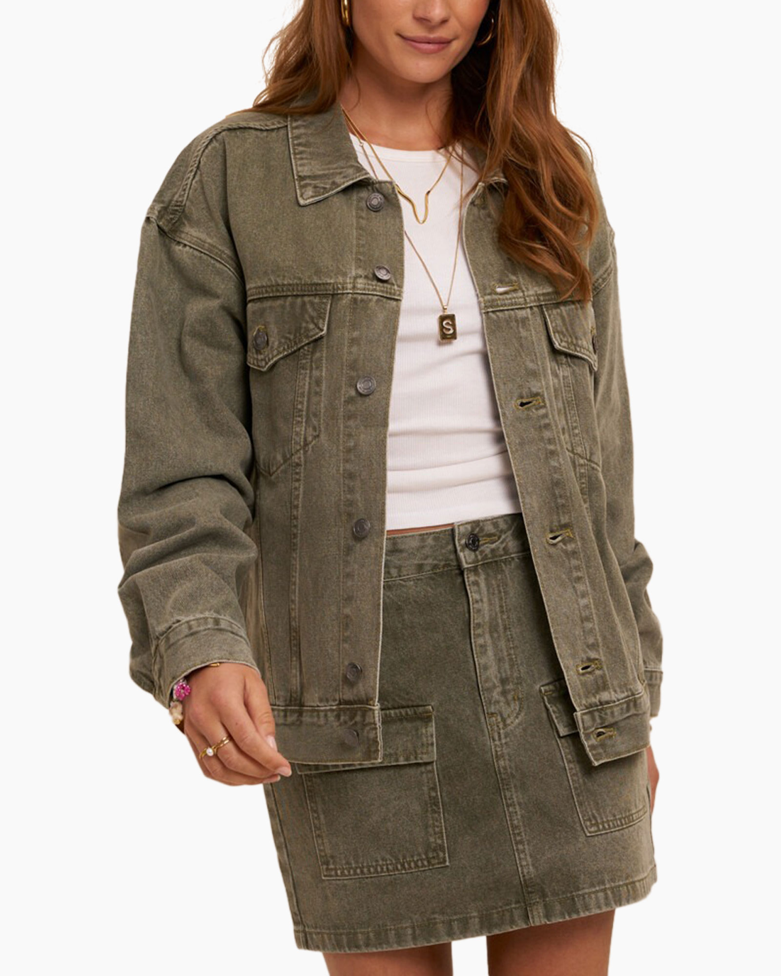 denim jacket, olive green, oversized, button front, pocket skirt set