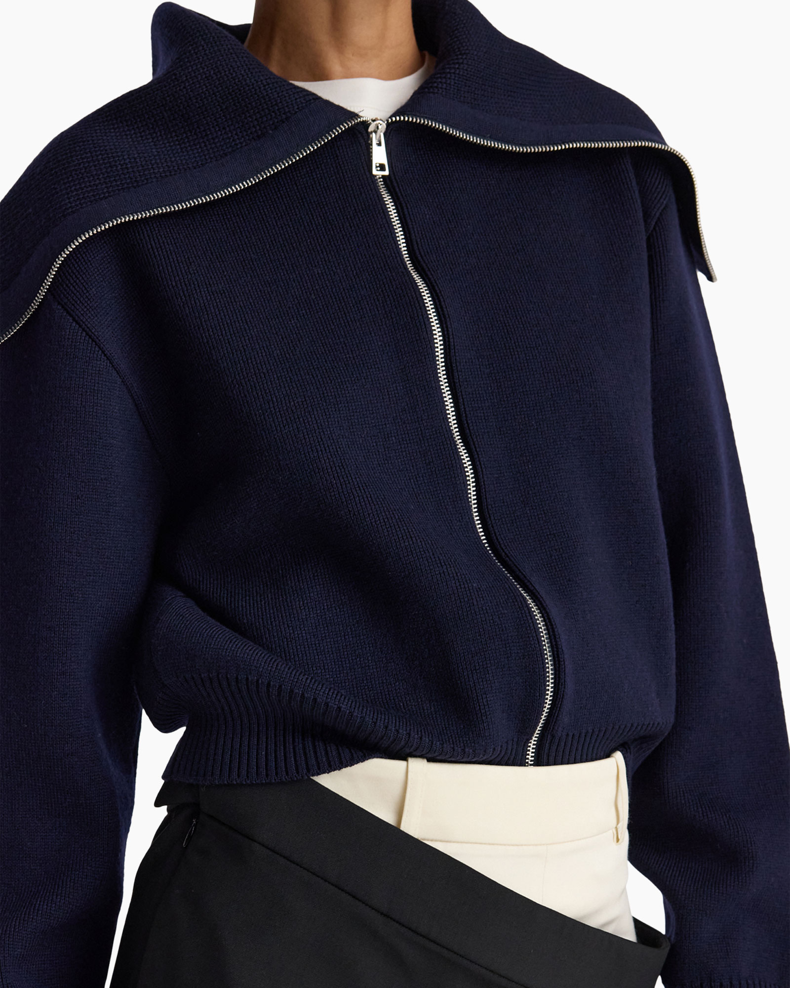 zipper, navy cardigan, knit sweater, collar, front zip