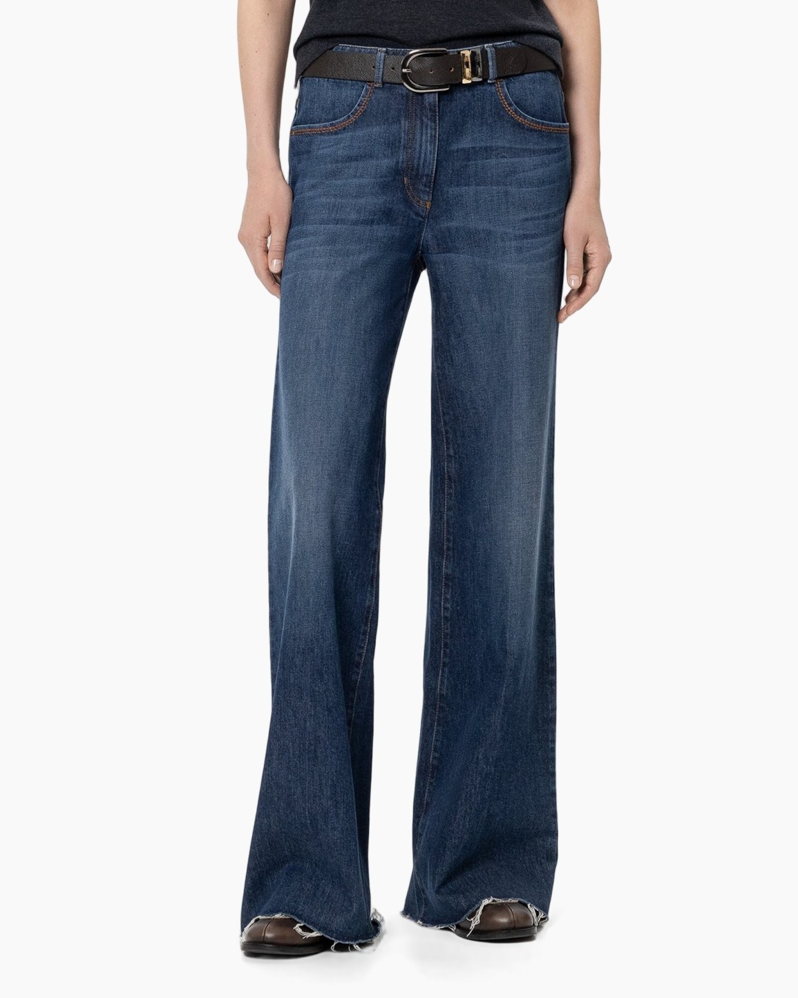 jeans, wide-leg, denim, brown belt, flared hem