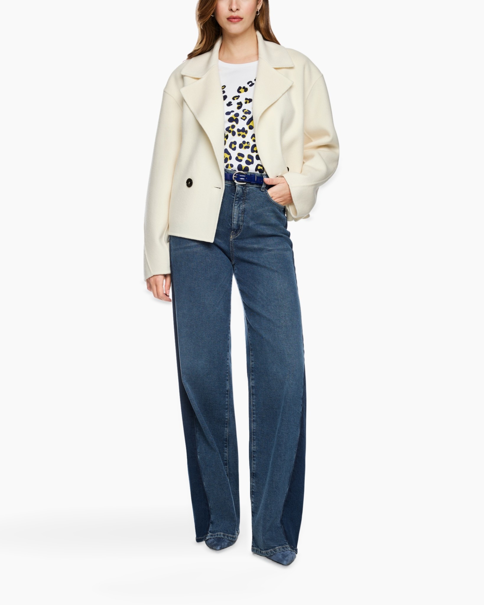 coat, blazer, cream, double-breasted, wide-leg jeans
