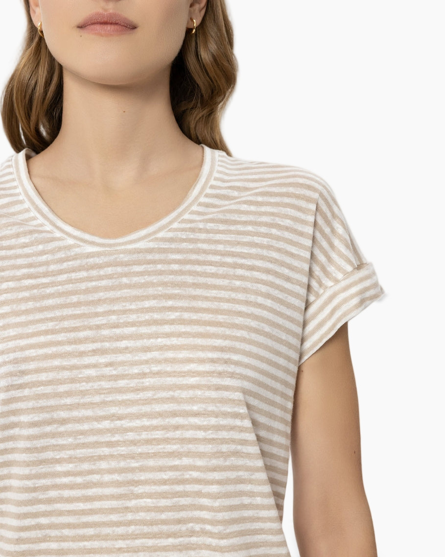 t-shirt, striped, beige, short-sleeve, crew-neck