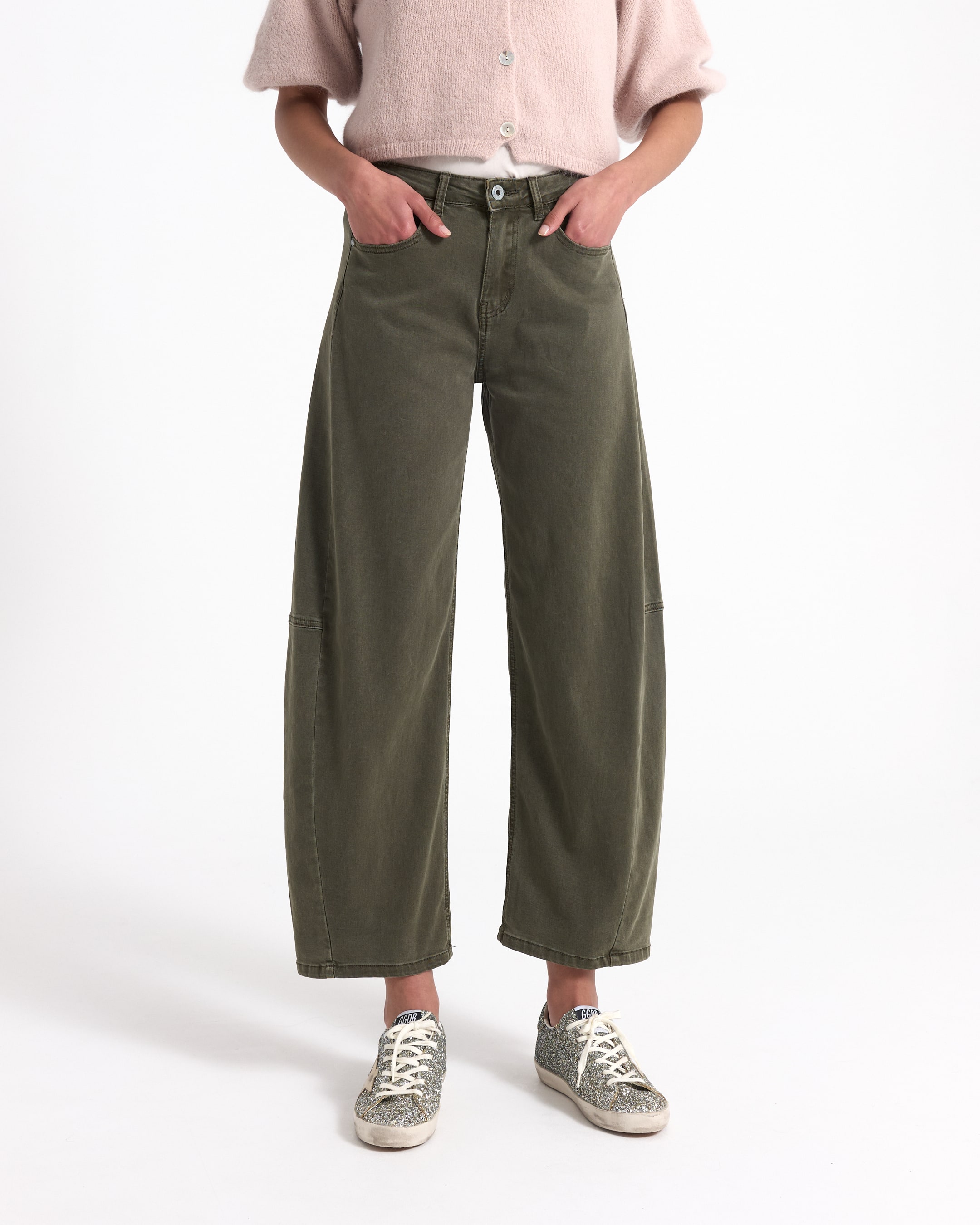 top, cute cardigan, pink cardigan, short sleeves, olive pants