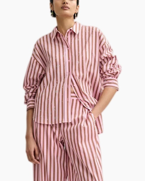 striped shirt, pink shirt, long sleeve, button front, casual set