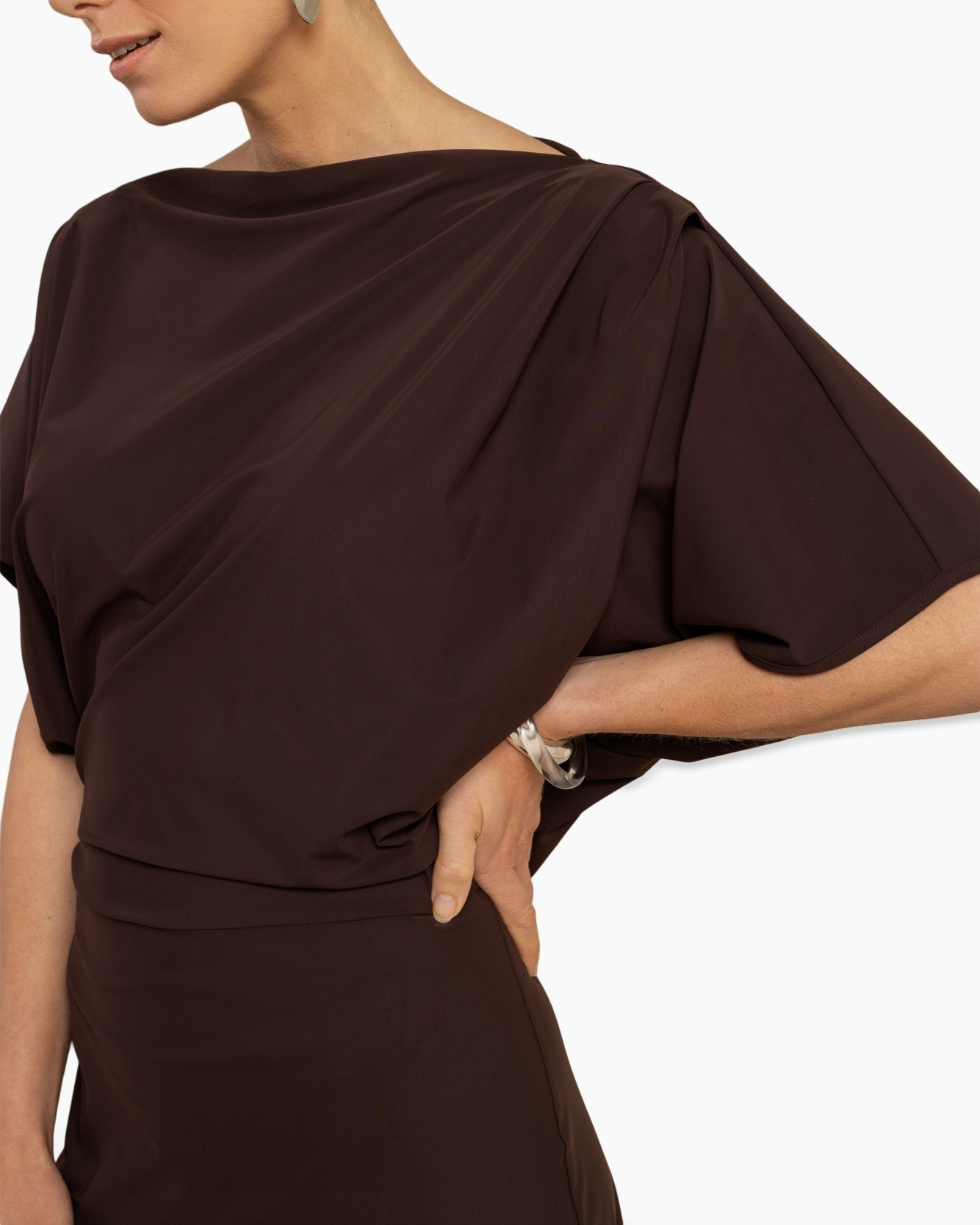 dress, brown, one-shoulder, kimono-sleeve, waist-cinched