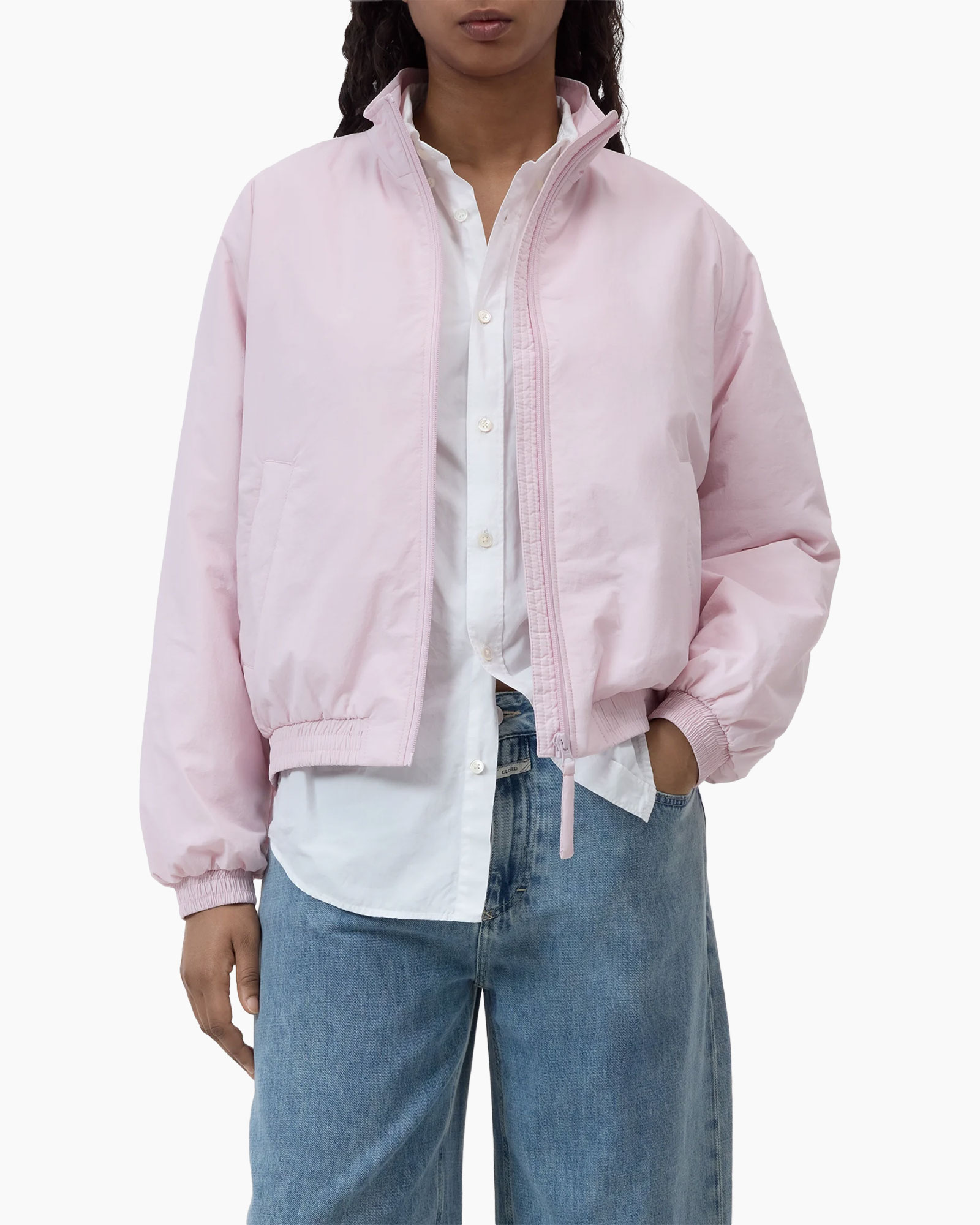 jacket,  bomber?, pink jacket, windbreaker, outerwear, but we should not include questionable given no brand, pink color, padded, zip front, elastic cuffs, pocket, white shirt underneath