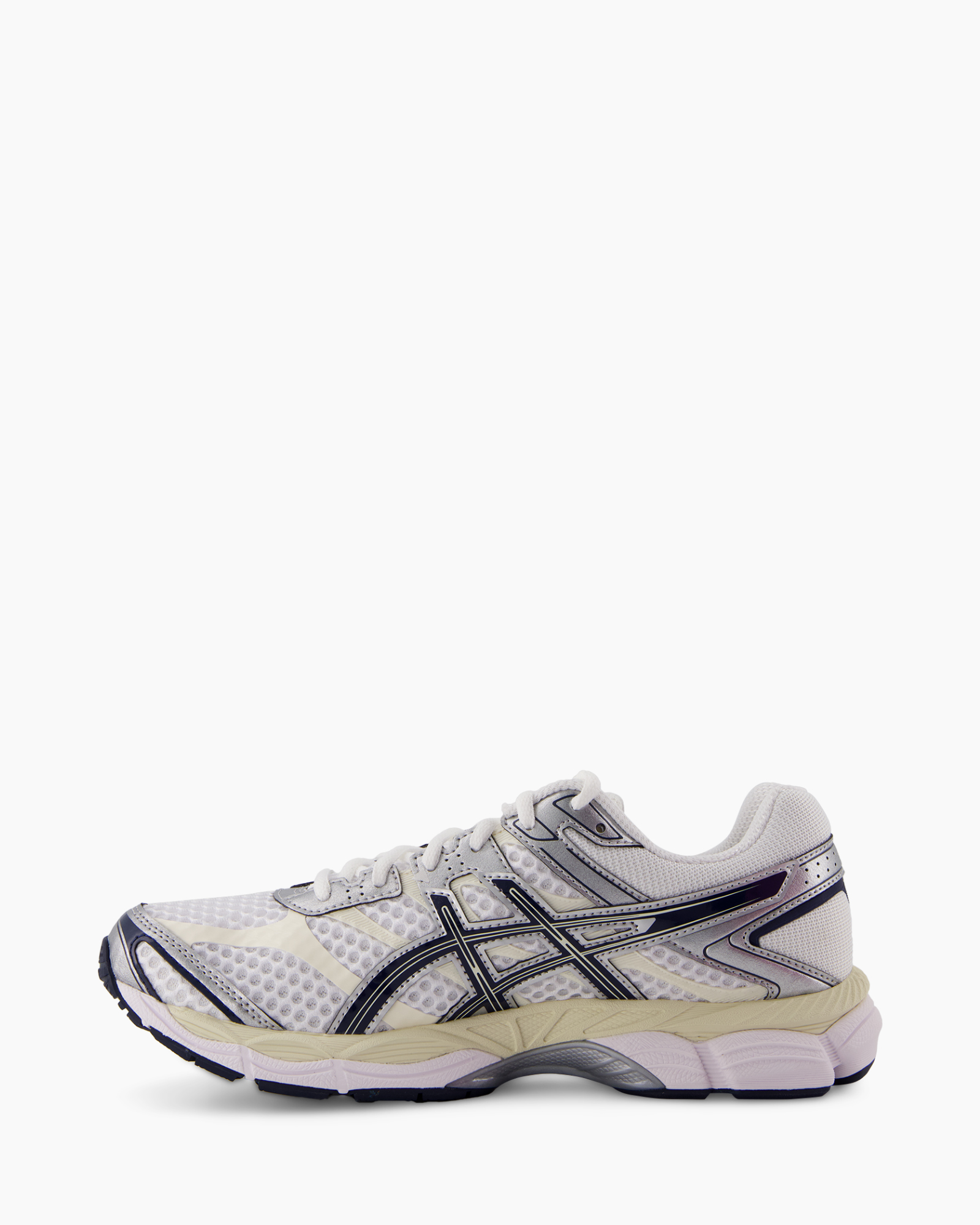 running shoe, mesh upper, white, blue accents, athletic sneaker