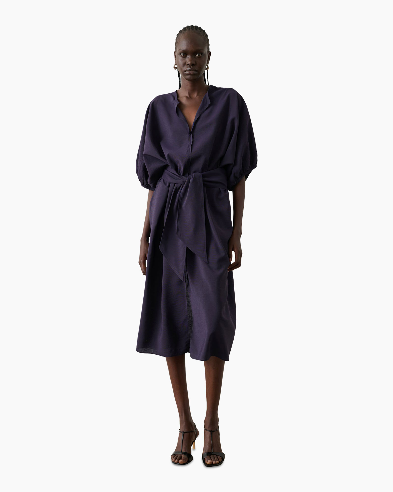 dress, mid-length, wrap, purple, short-sleeve