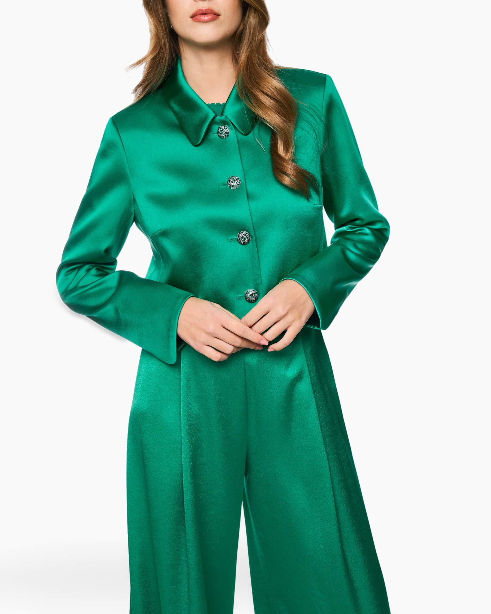 green, jumpsuit, satiny, collar, buttoned