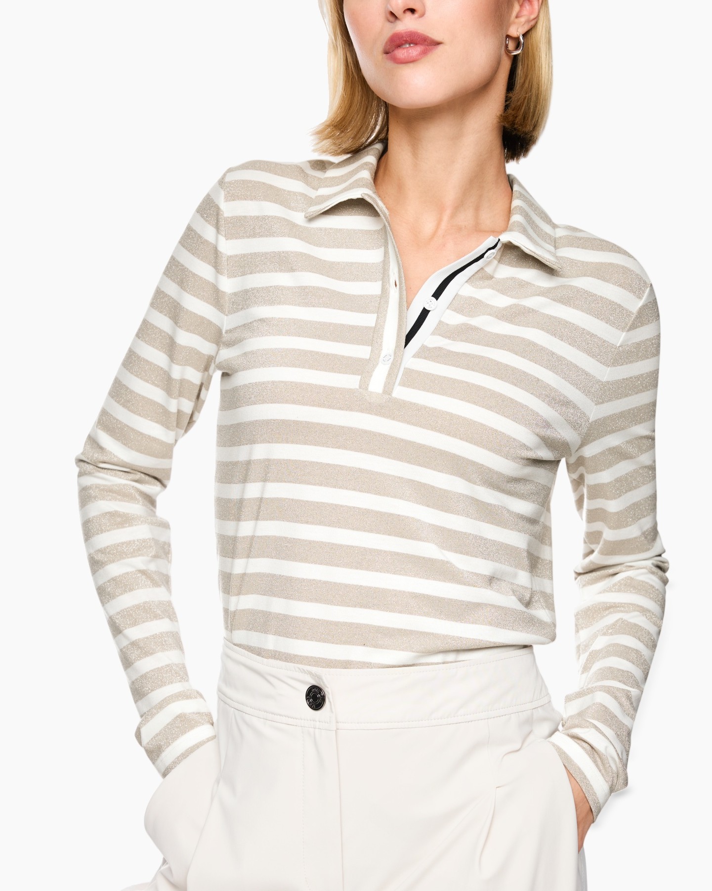 striped polo, long-sleeve shirt, beige white, collar, polo top